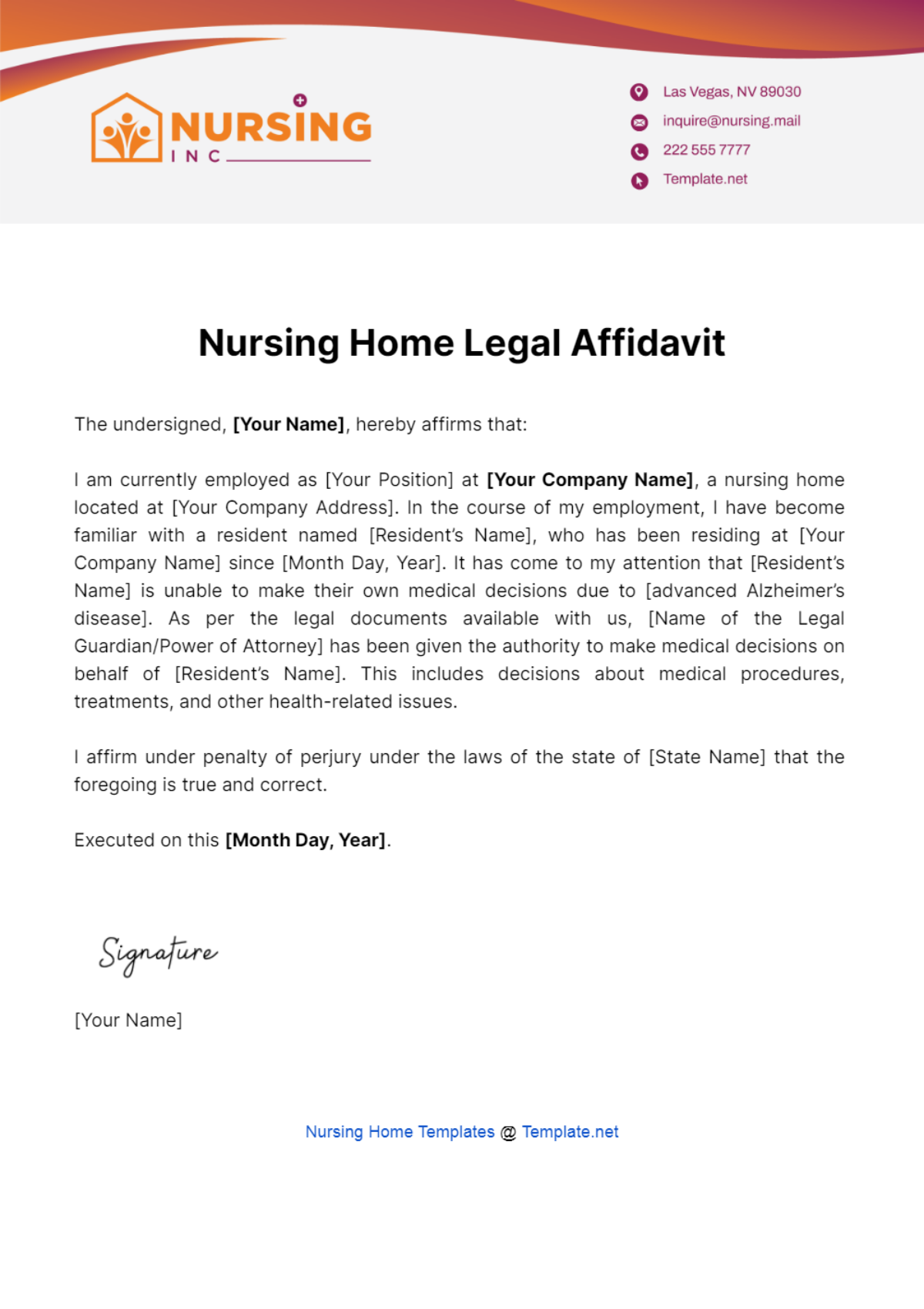 Nursing Home Legal Affidavit Template