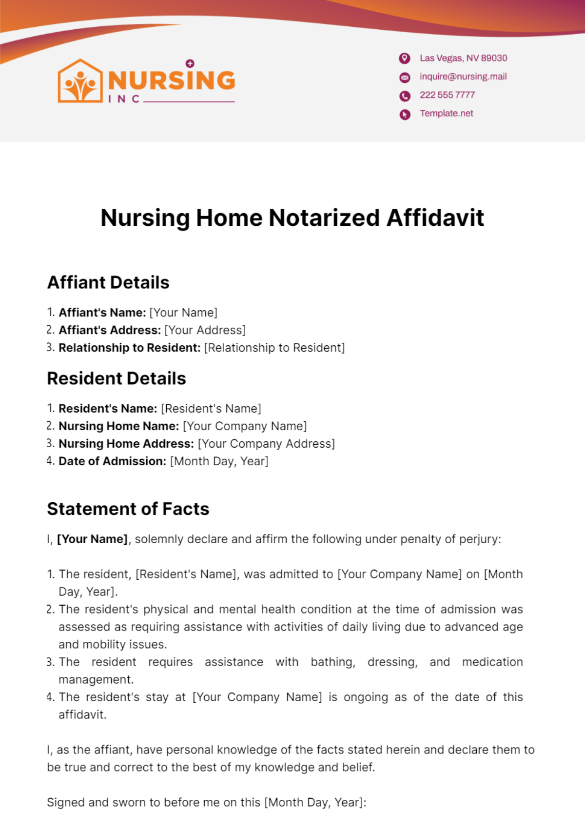 Nursing Home Notarized Affidavit Template