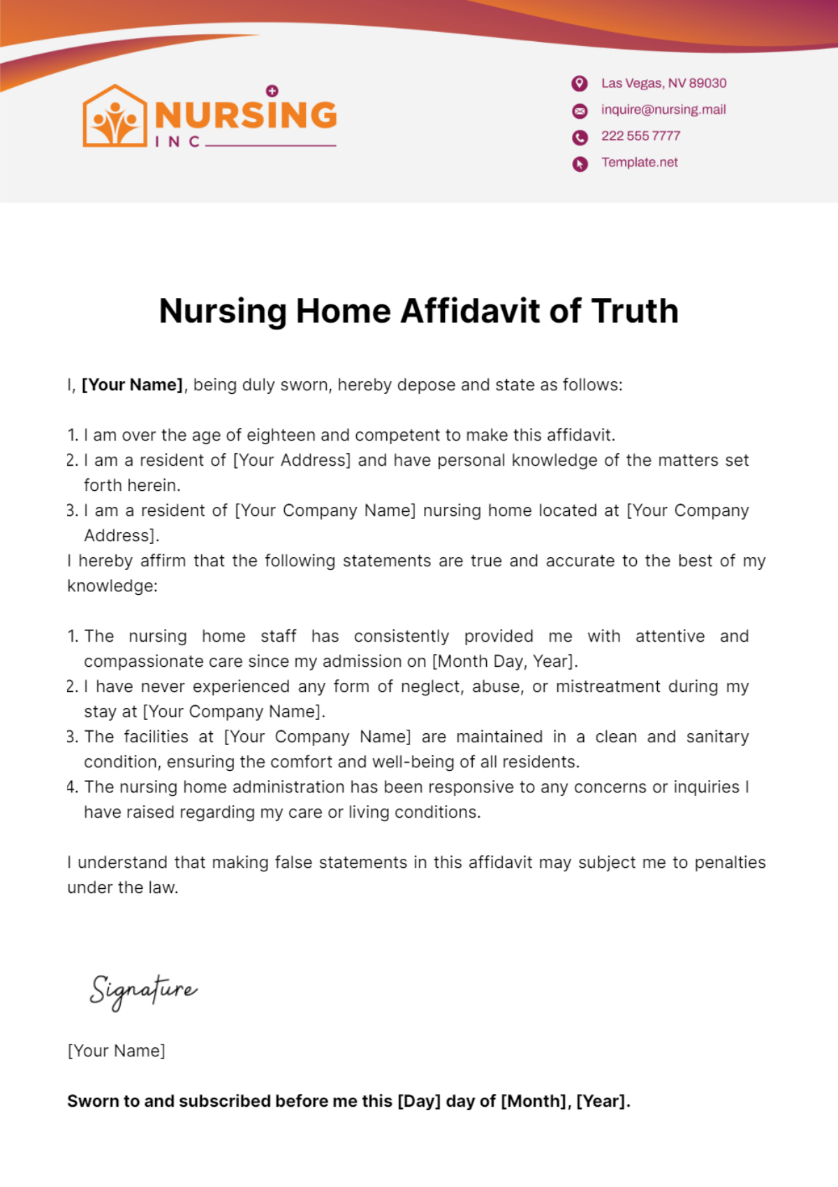 Nursing Home Affidavit of Truth Template
