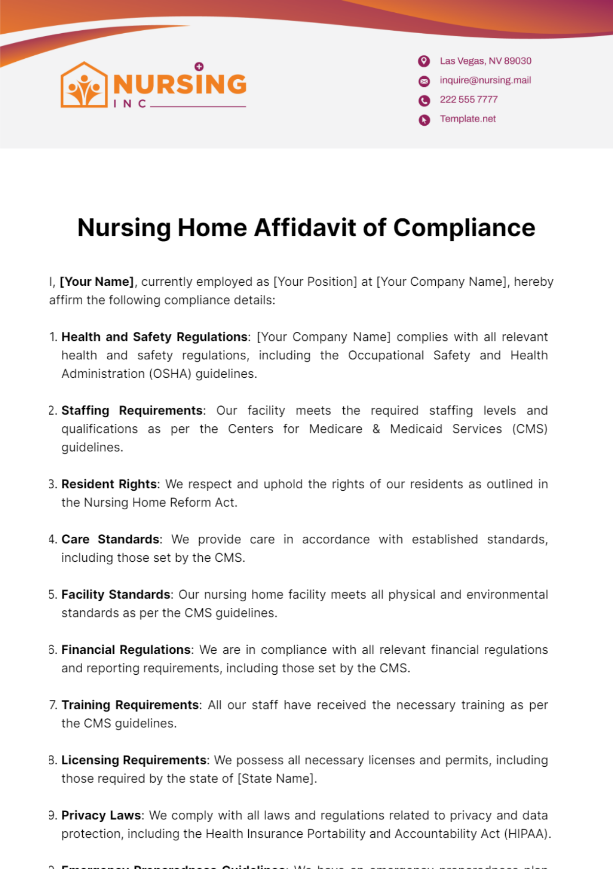 Nursing Home Affidavit of Compliance Template