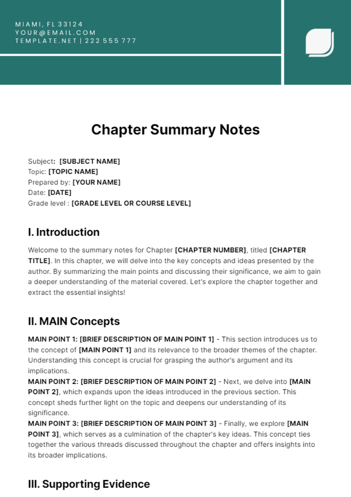 Free Chapter Summary Notes Template