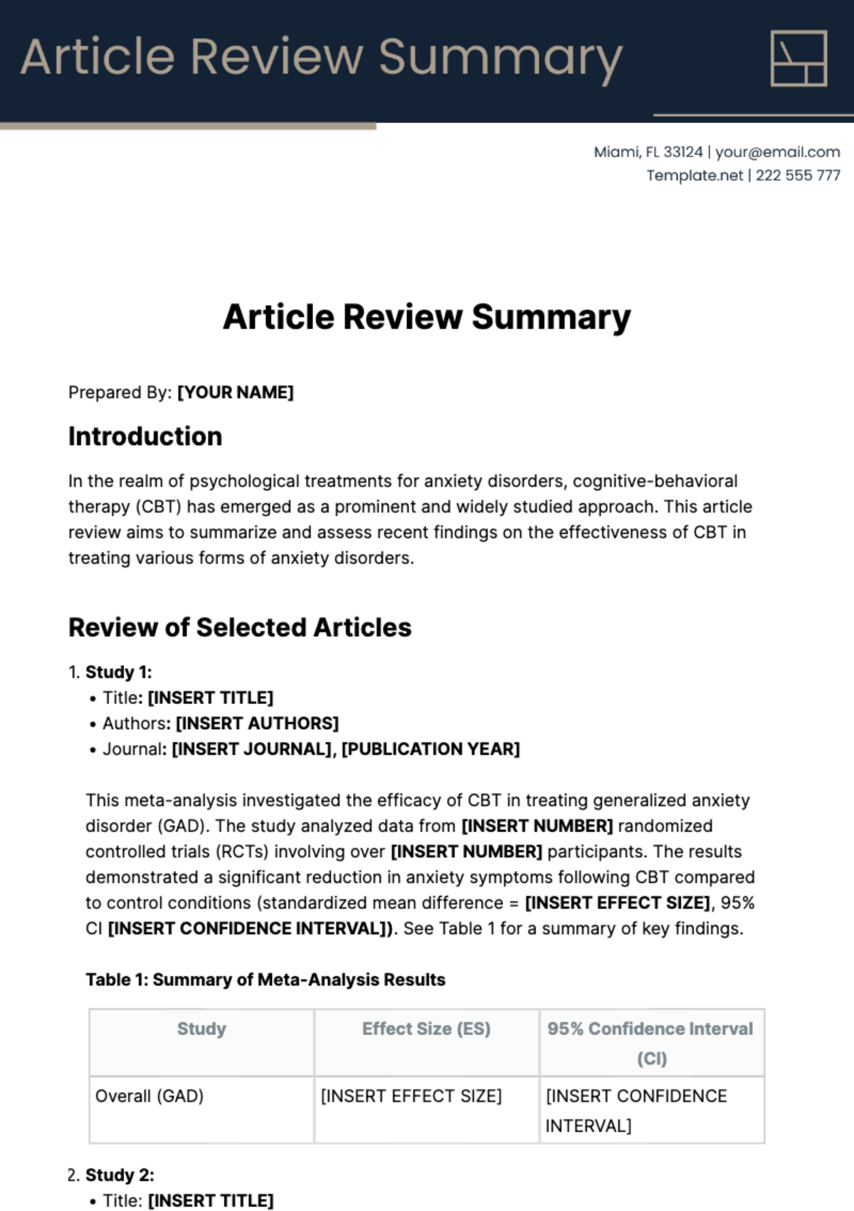Article Review Summary Template