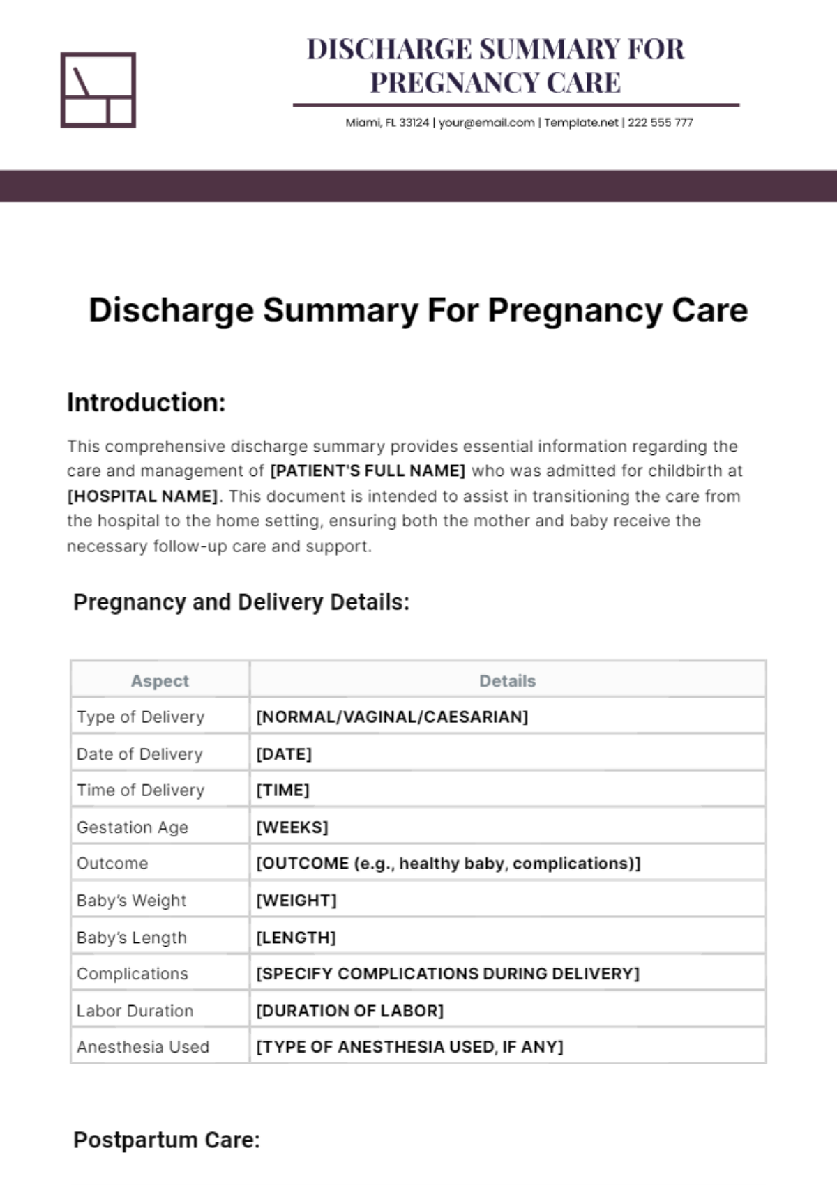 discharge summary for pregnancy Template