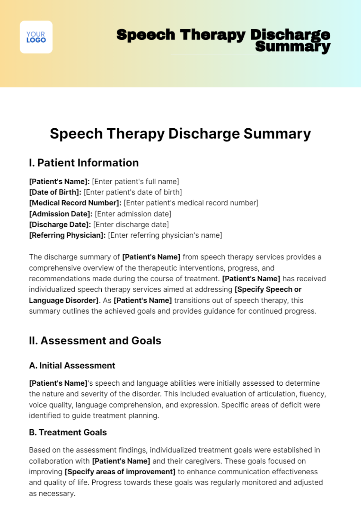 Free Speech Therapy Discharge Summary Template
