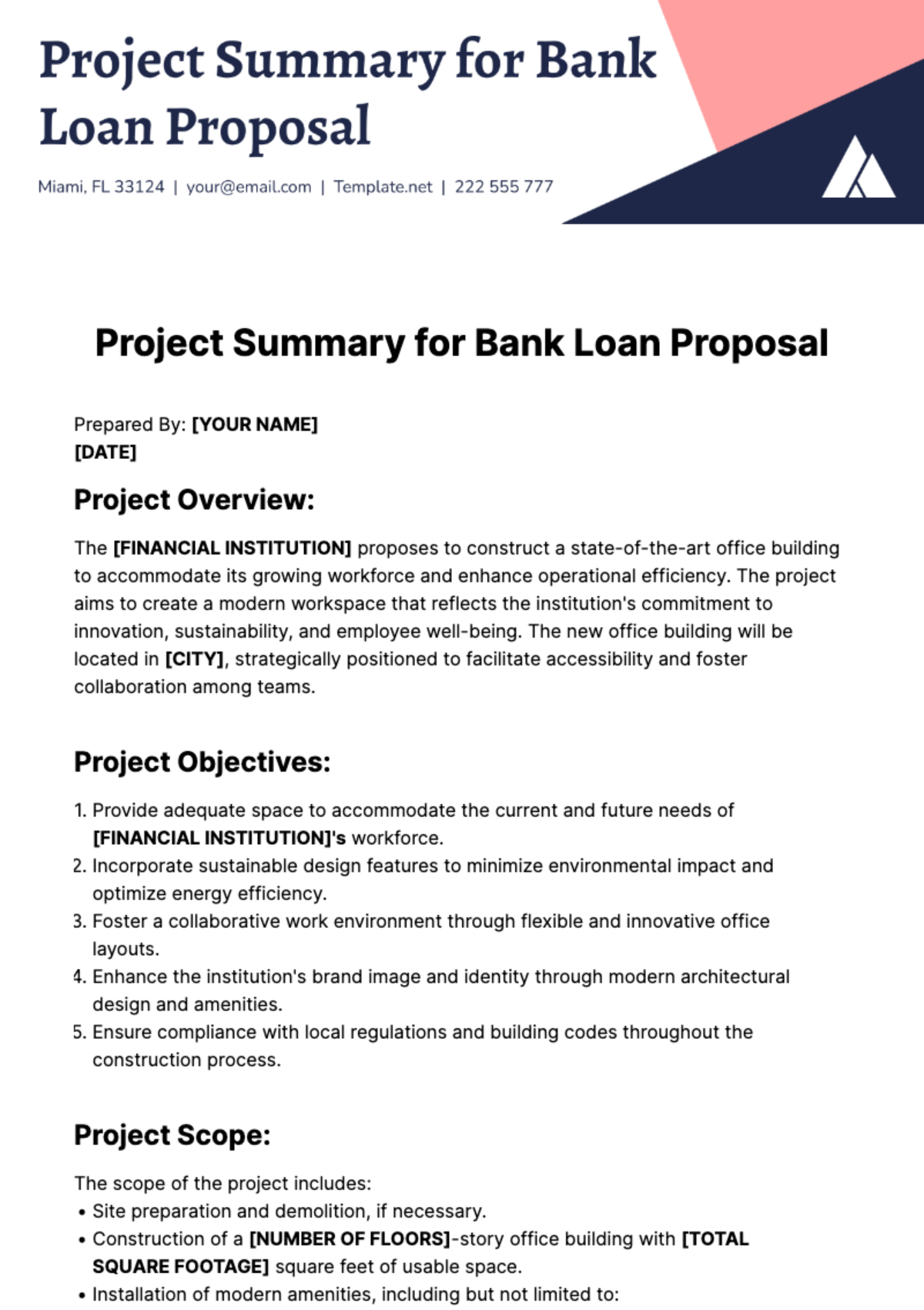Project Summary for Bank Loan Proposal Template