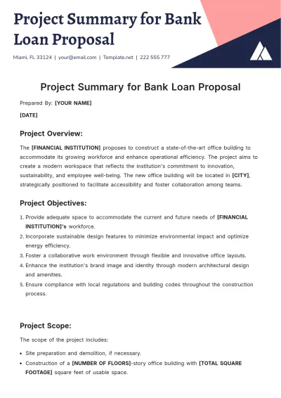 Free Project Summary for Bank Loan Proposal Template to Edit Online