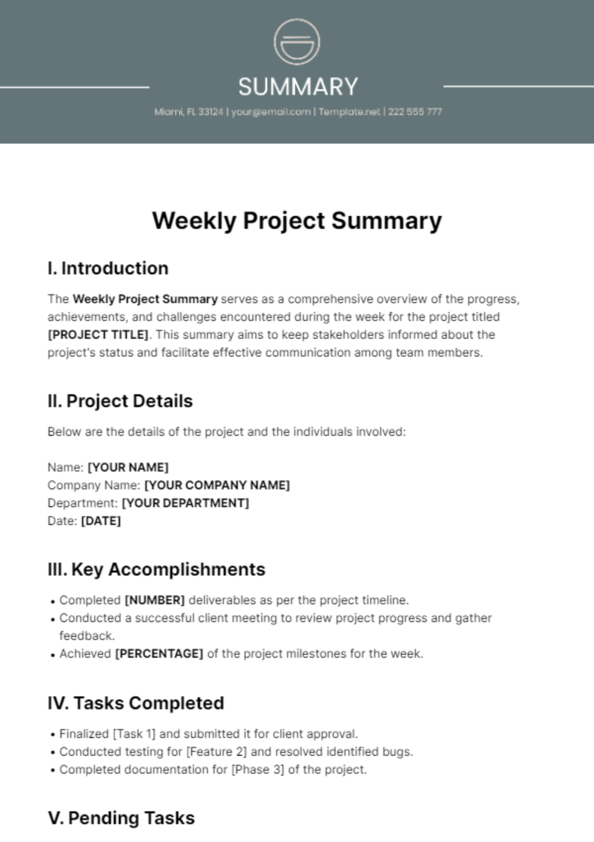 Free Weekly Project Summary Template