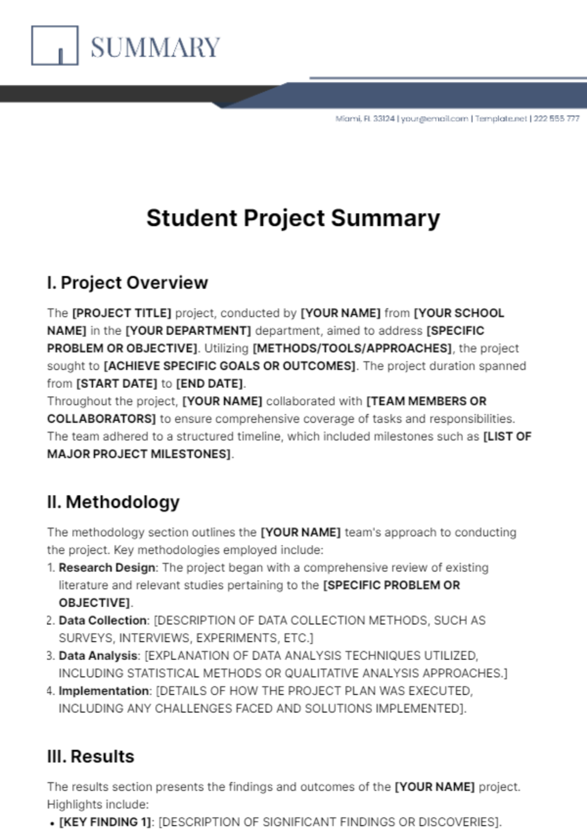 Free Student Project Summary Template