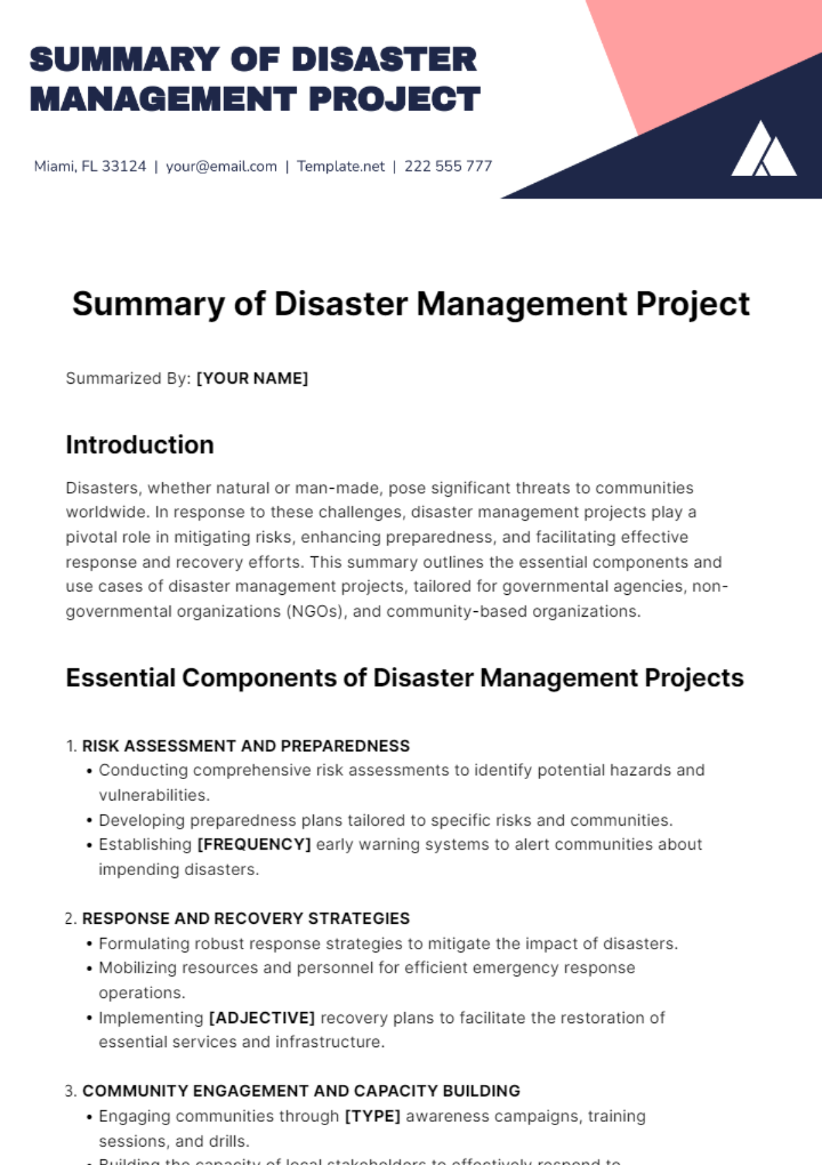Summary of Disaster Management Project Template