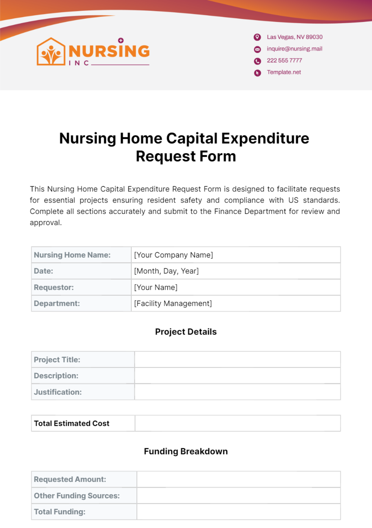 Nursing Home Capital Expenditure Request Form Template