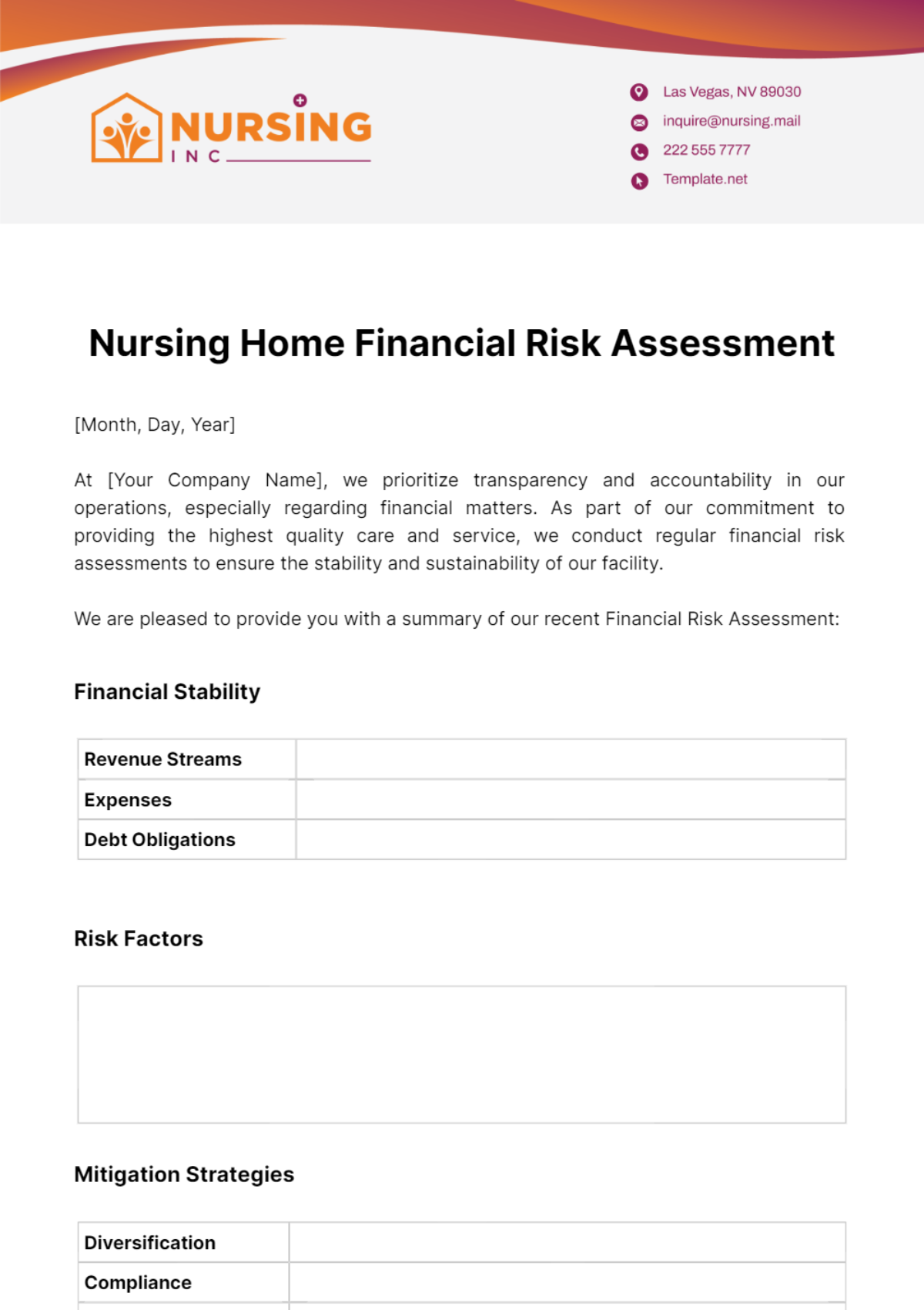 Nursing Home Financial Risk Assessment Template
