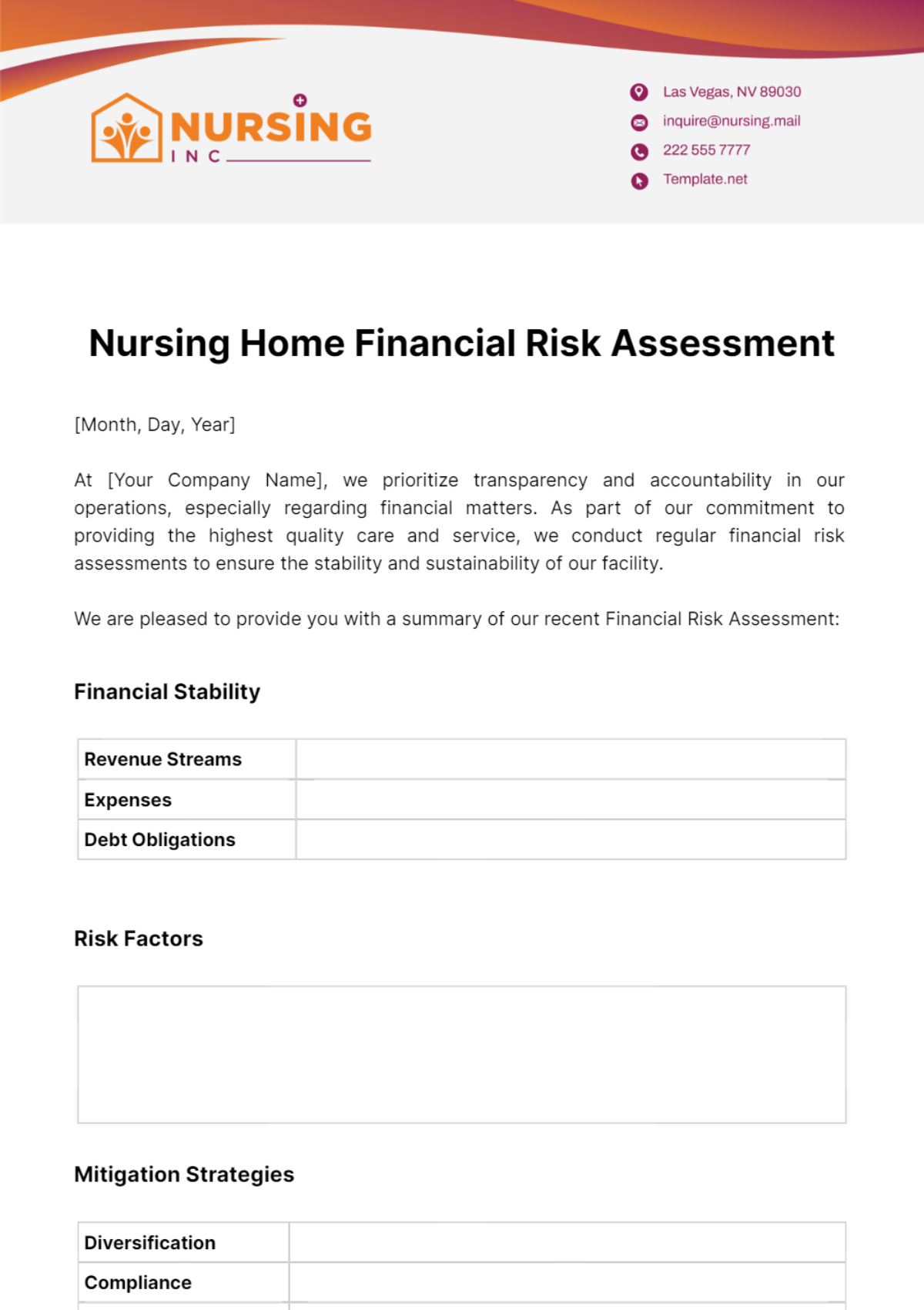 Nursing Home Financial Risk Assessment Template - Edit Online & Download