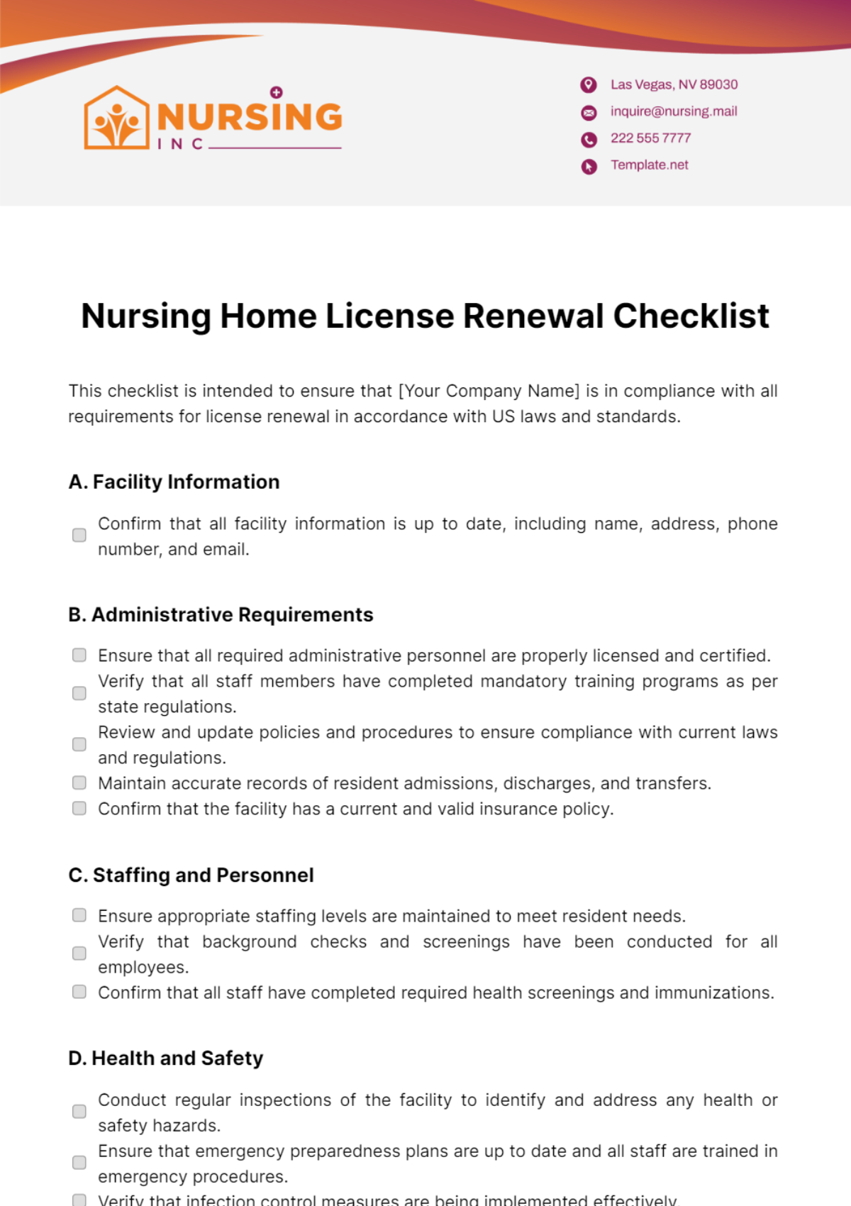 Nursing Home License Renewal Checklist Template