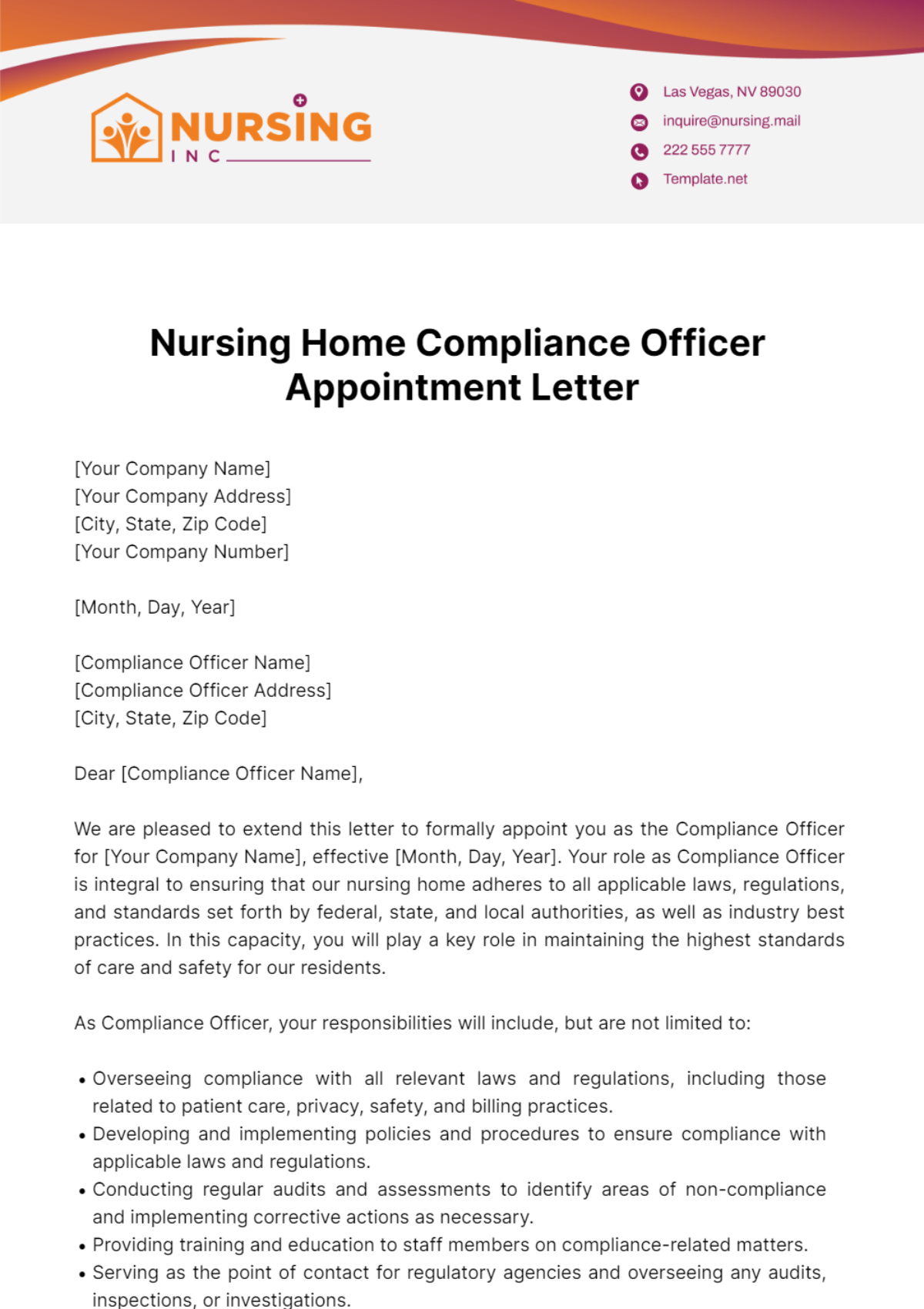 Nursing Home Compliance Officer Appointment Letter Template