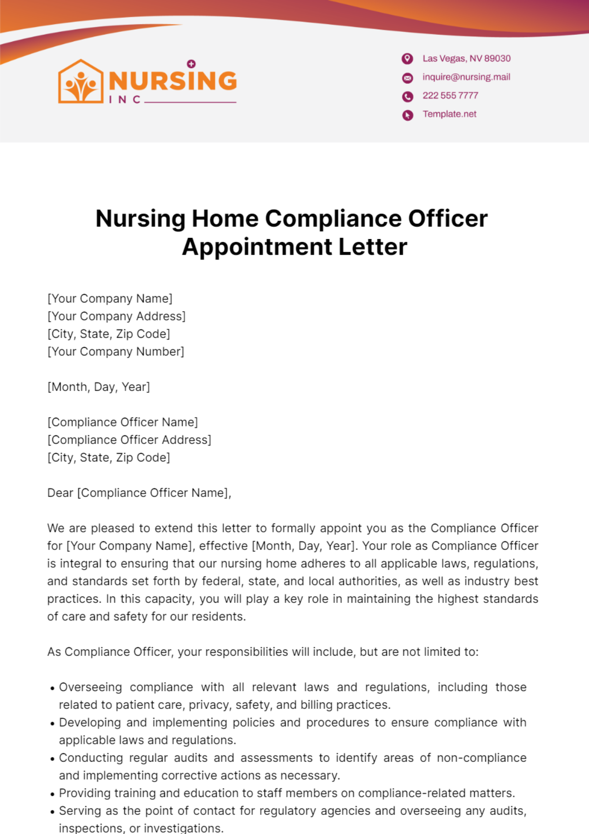 Nursing Home Compliance Officer Appointment Letter Template - Edit Online & Download