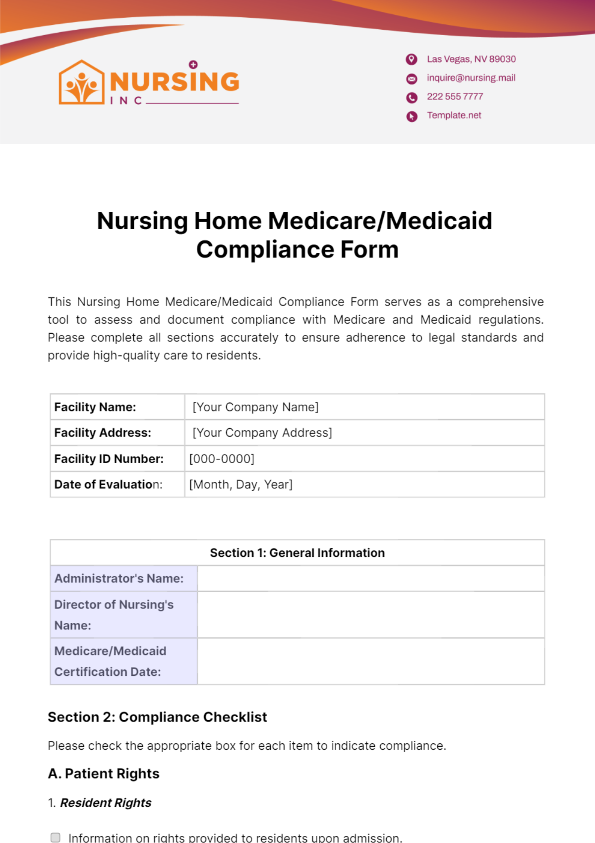 Nursing Home Medicare/Medicaid Compliance Form Template