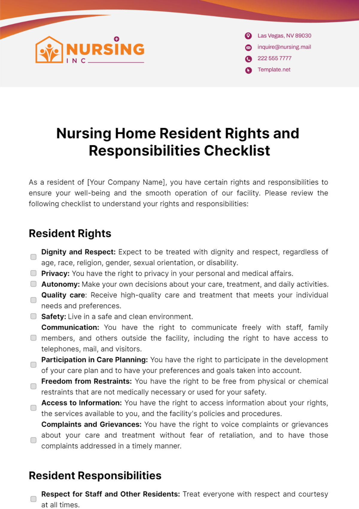 Nursing Home Resident Rights and Responsibilities Checklist Template