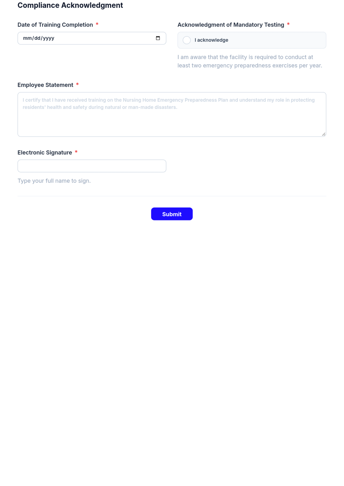 Free Nursing Home Emergency Preparedness Plan Acknowledgment Form Template & AI Maker