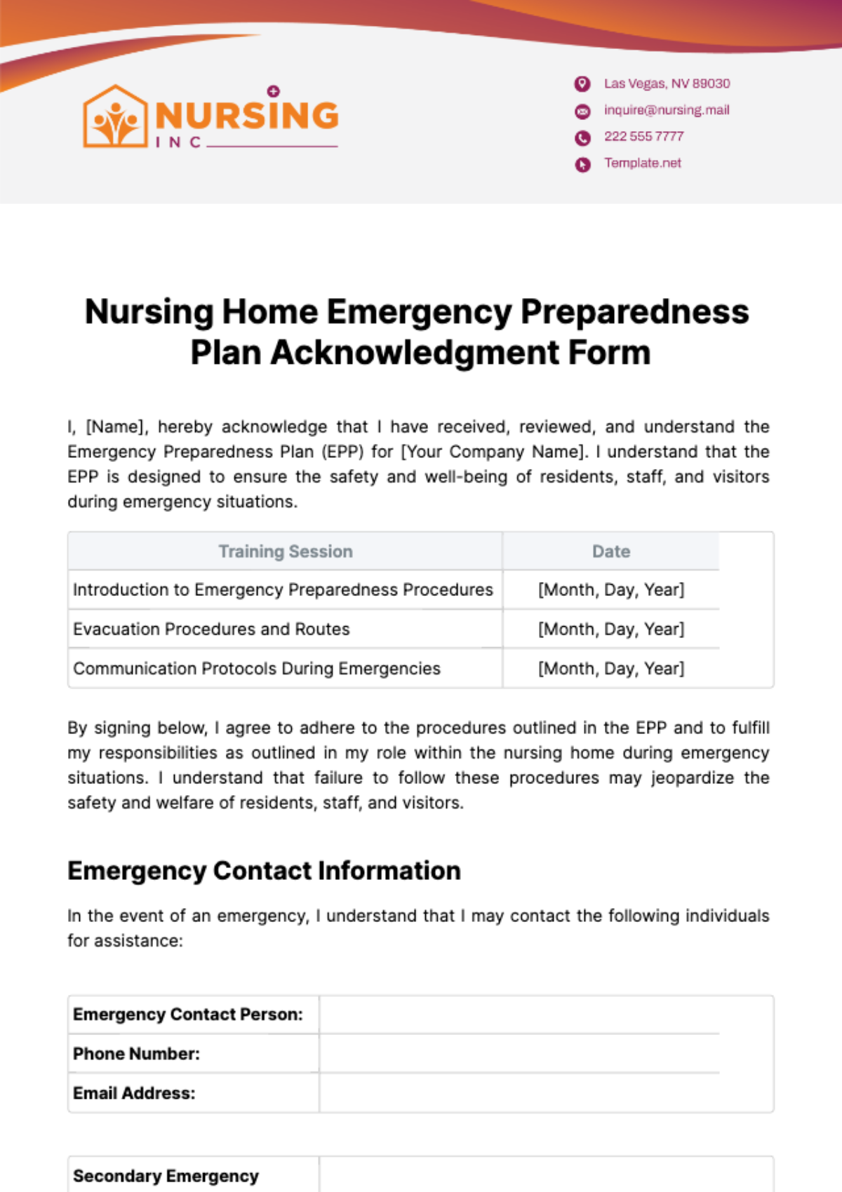 Free Nursing Home Emergency Preparedness Plan Acknowledgment Form Template
