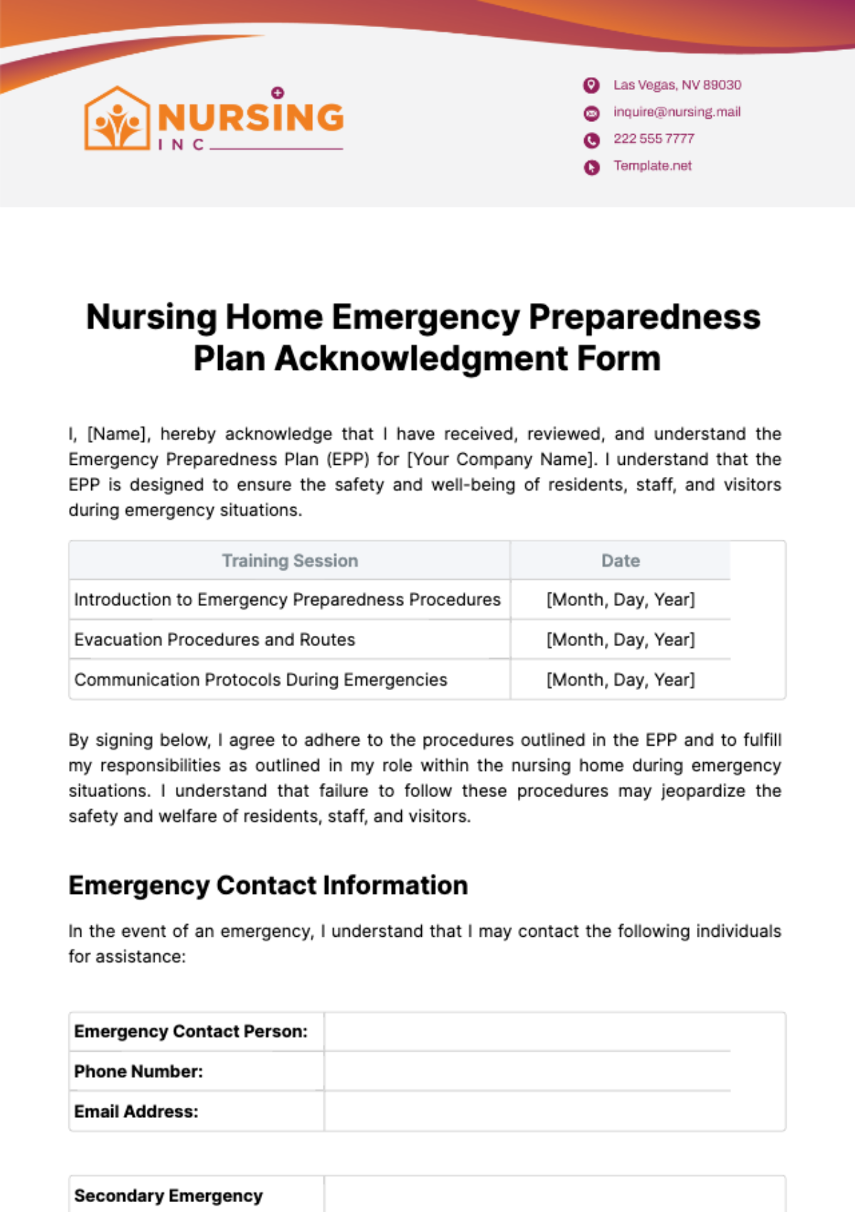 Nursing Home Emergency Preparedness Plan Acknowledgment Form Template - Edit Online & Download