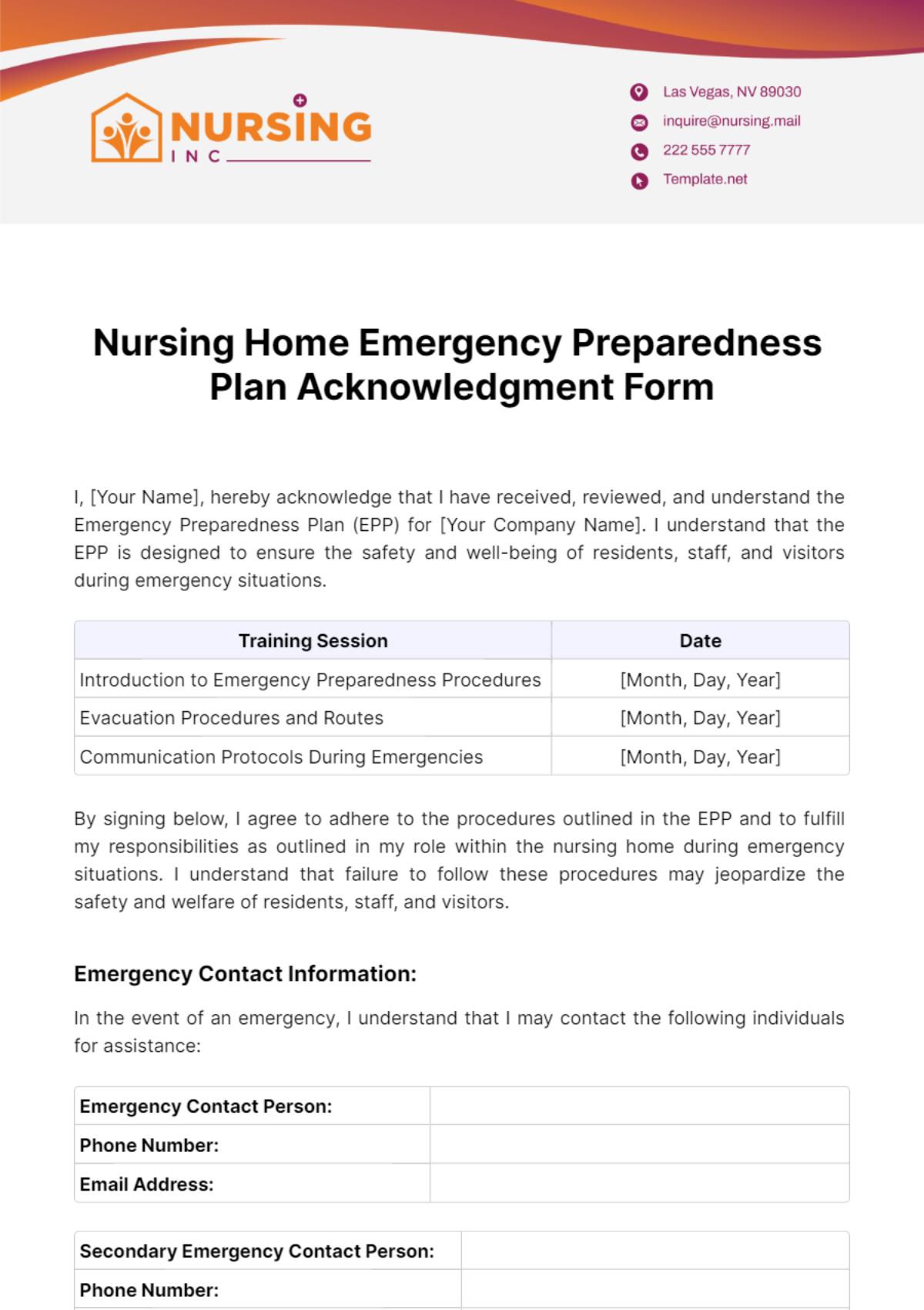 Nursing Home Emergency Preparedness Plan Acknowledgment Form Template ...