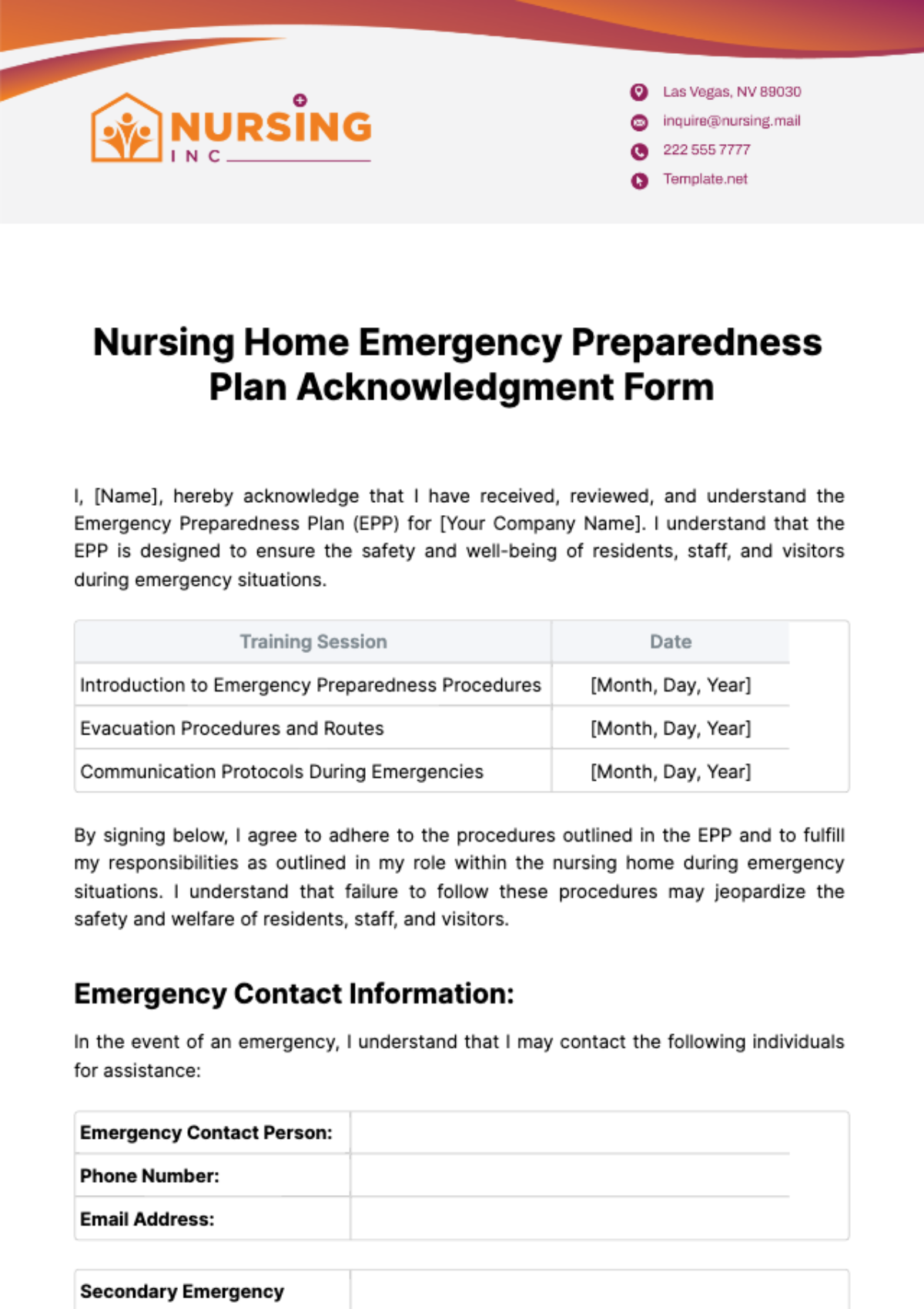 Nursing Home Emergency Preparedness Plan Acknowledgment Form Template