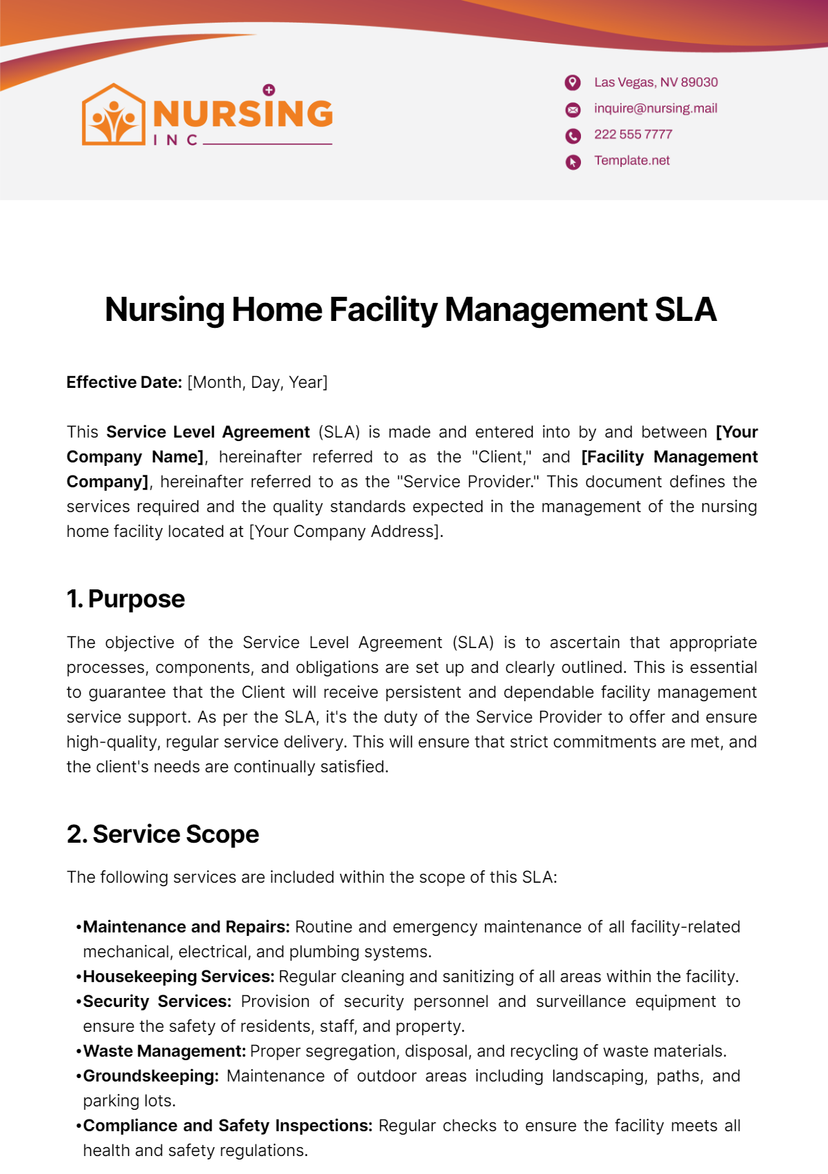 Free Nursing Home Facility Management SLA Template