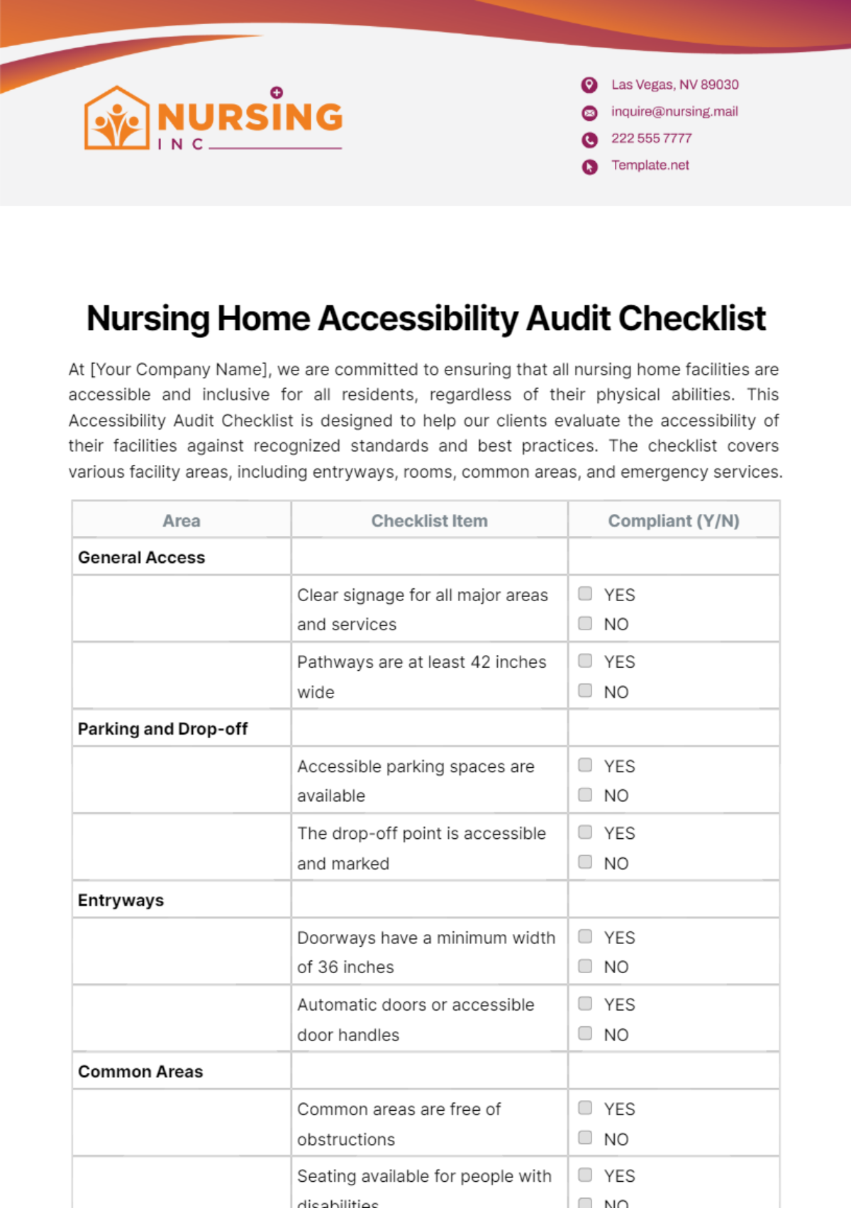 Nursing Home Accessibility Audit Checklist Template