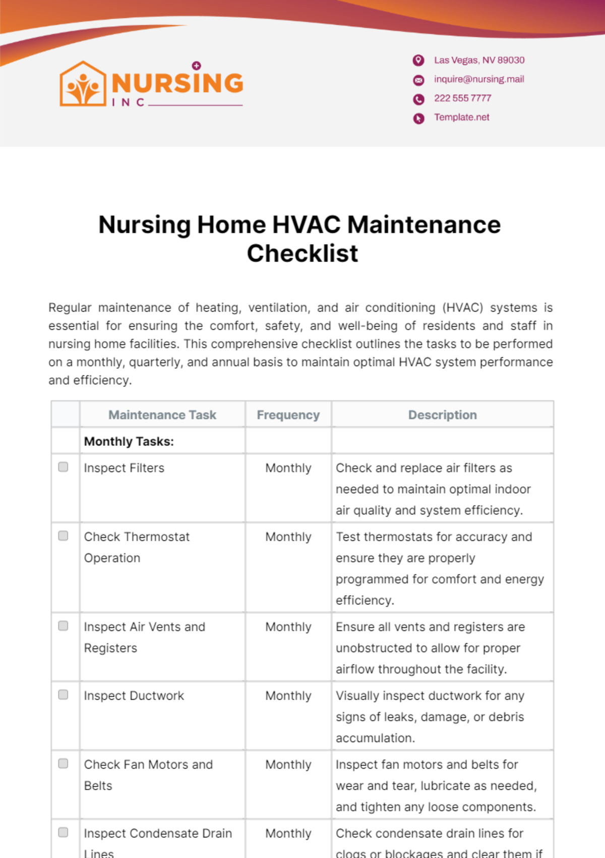 Nursing Home HVAC Maintenance Checklist Template