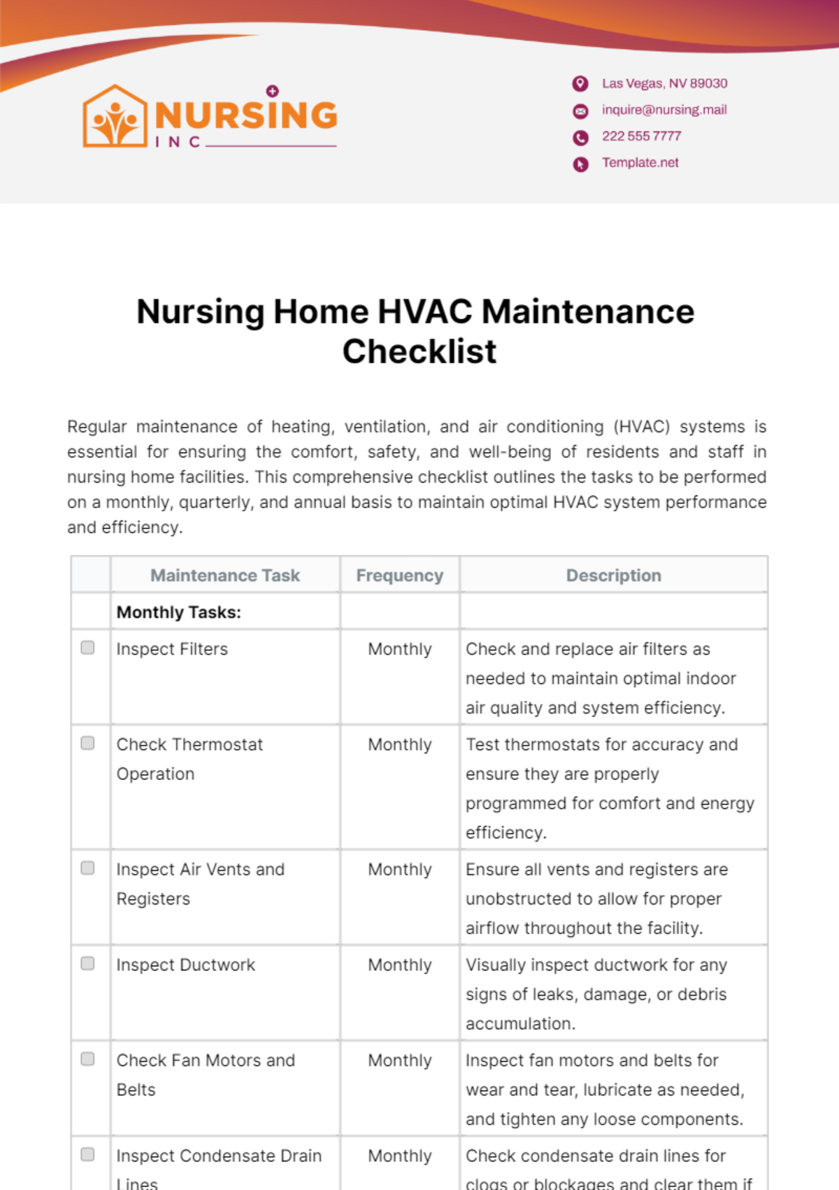 Nursing Home HVAC Maintenance Checklist Template - Edit Online & Download