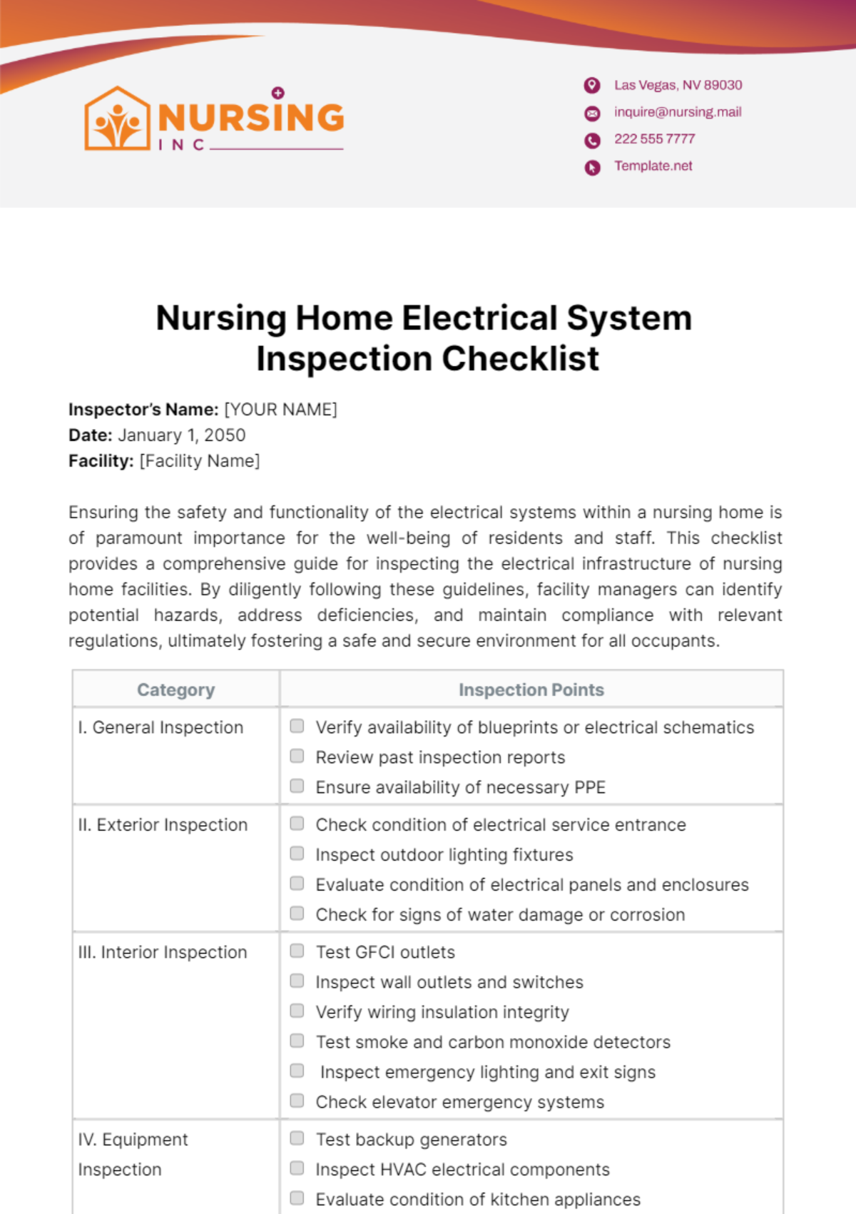 Nursing Home Electrical System Inspection Checklist Template