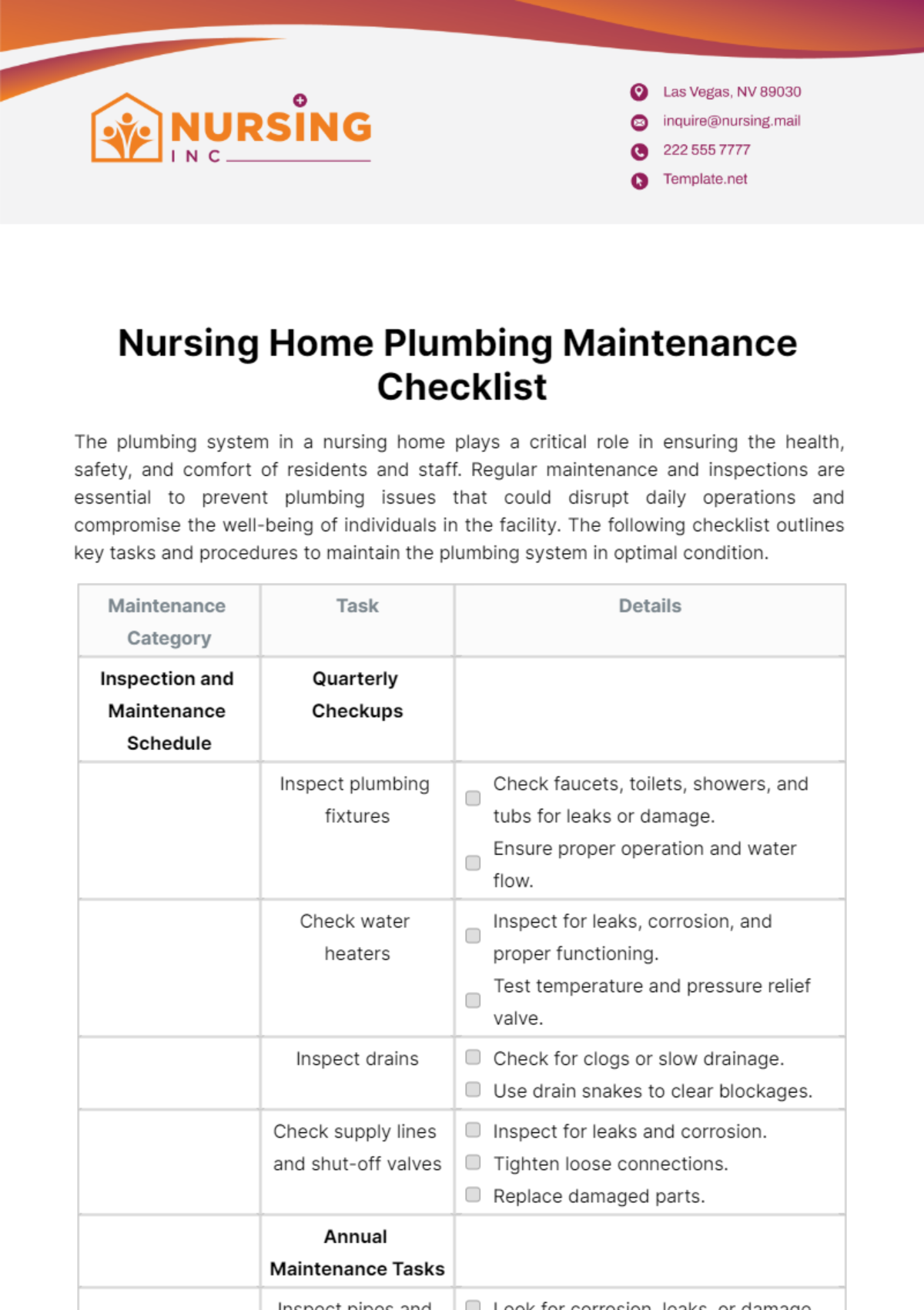 Nursing Home Plumbing Maintenance Checklist Template