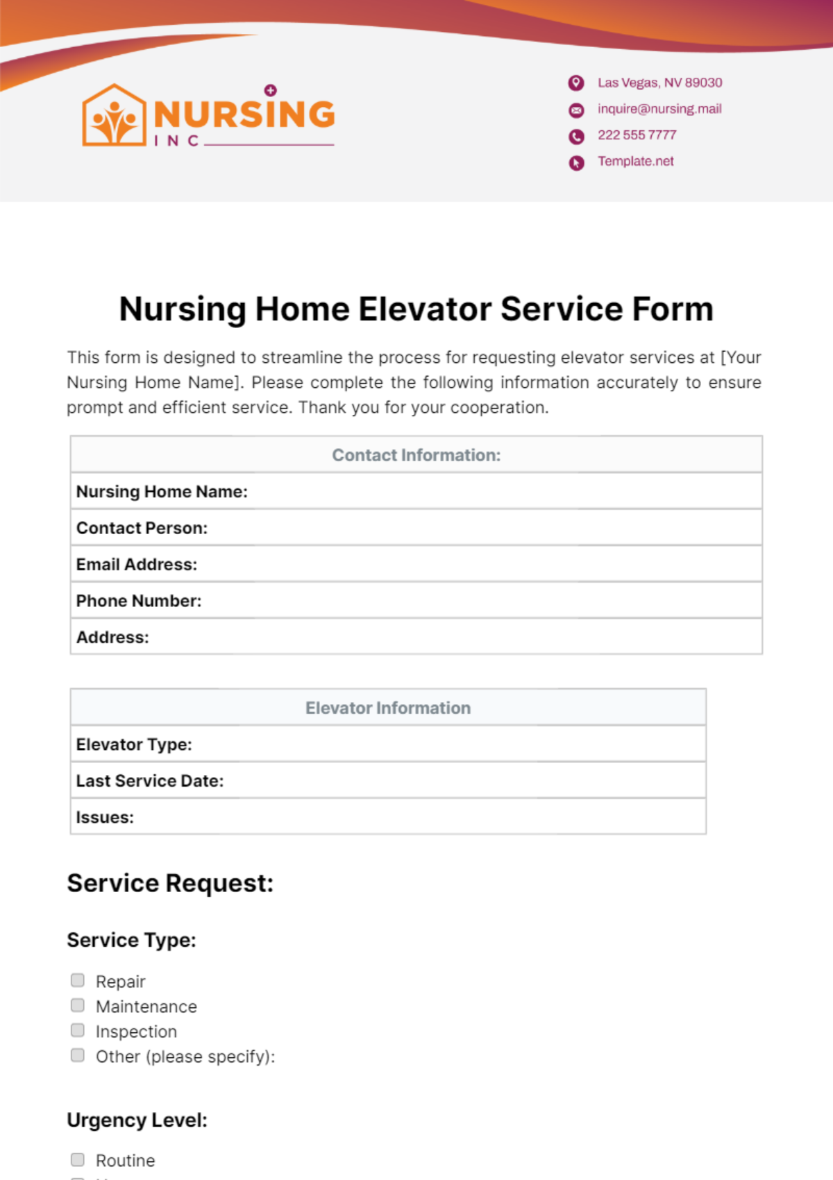 Free Nursing Home Elevator Service Form Template