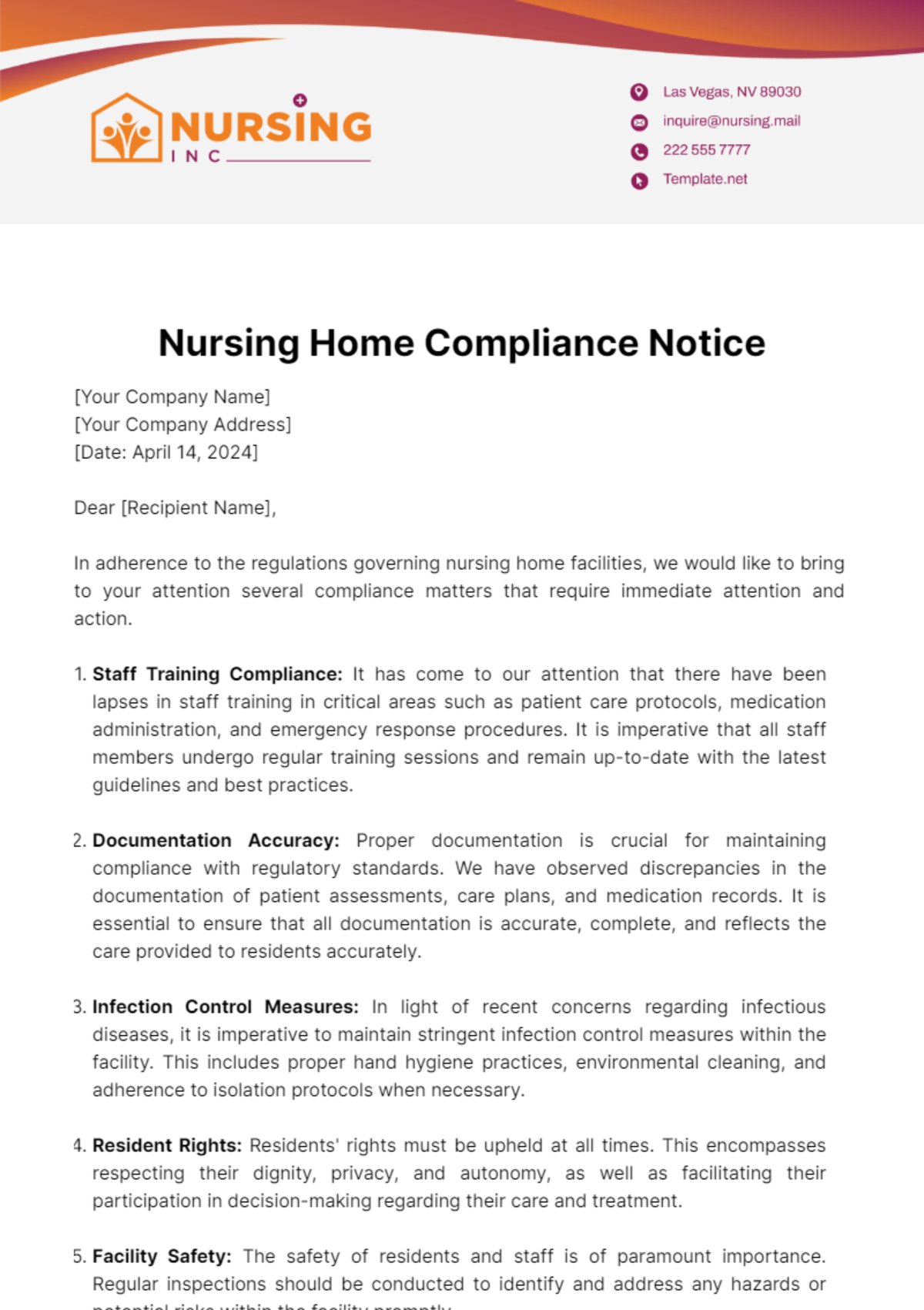 Nursing Home Compliance Notice Template