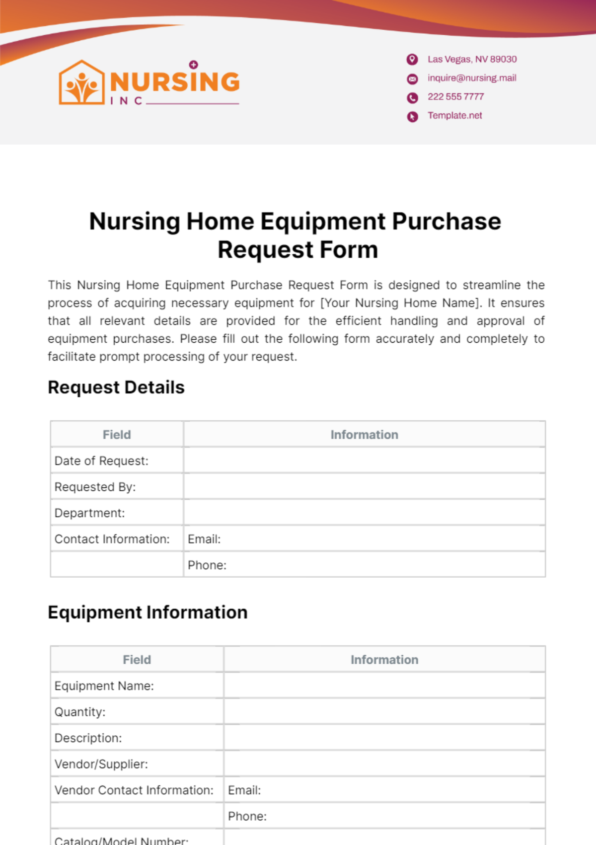 Nursing Home Equipment Purchase Request Form Template