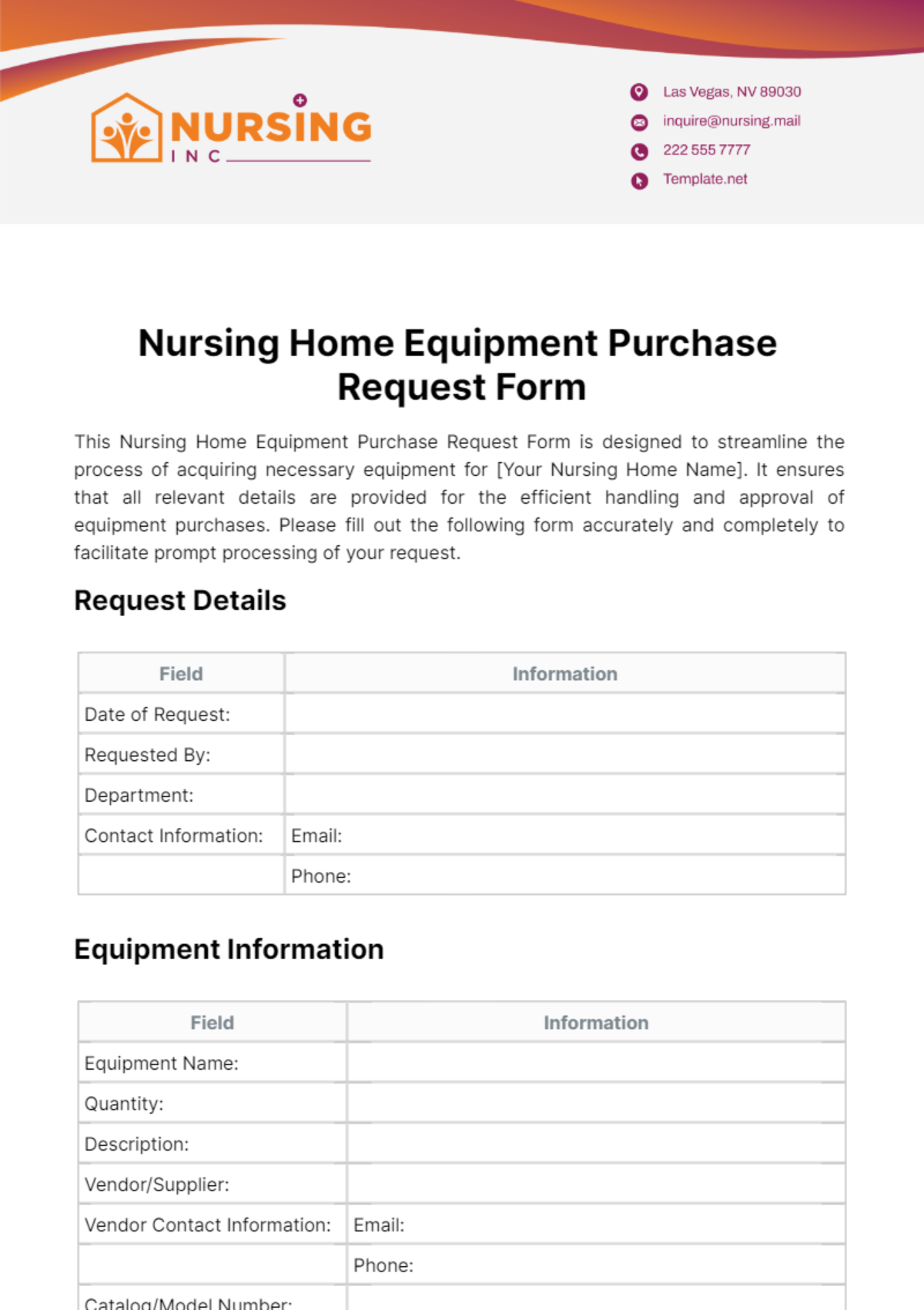 Nursing Home Equipment Purchase Request Form Template - Edit Online & Download