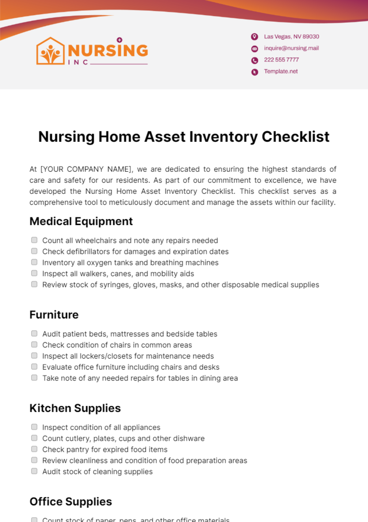 Nursing Home Asset Inventory Checklist Template