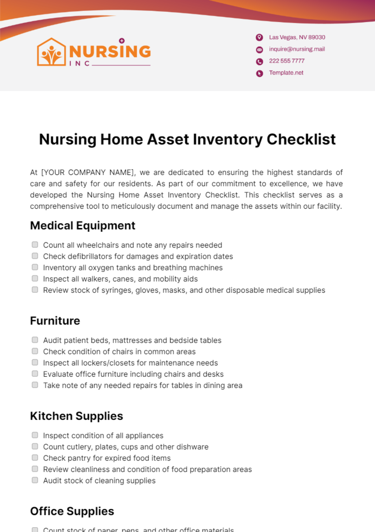 Nursing Home Asset Inventory Checklist Template - Edit Online & Download