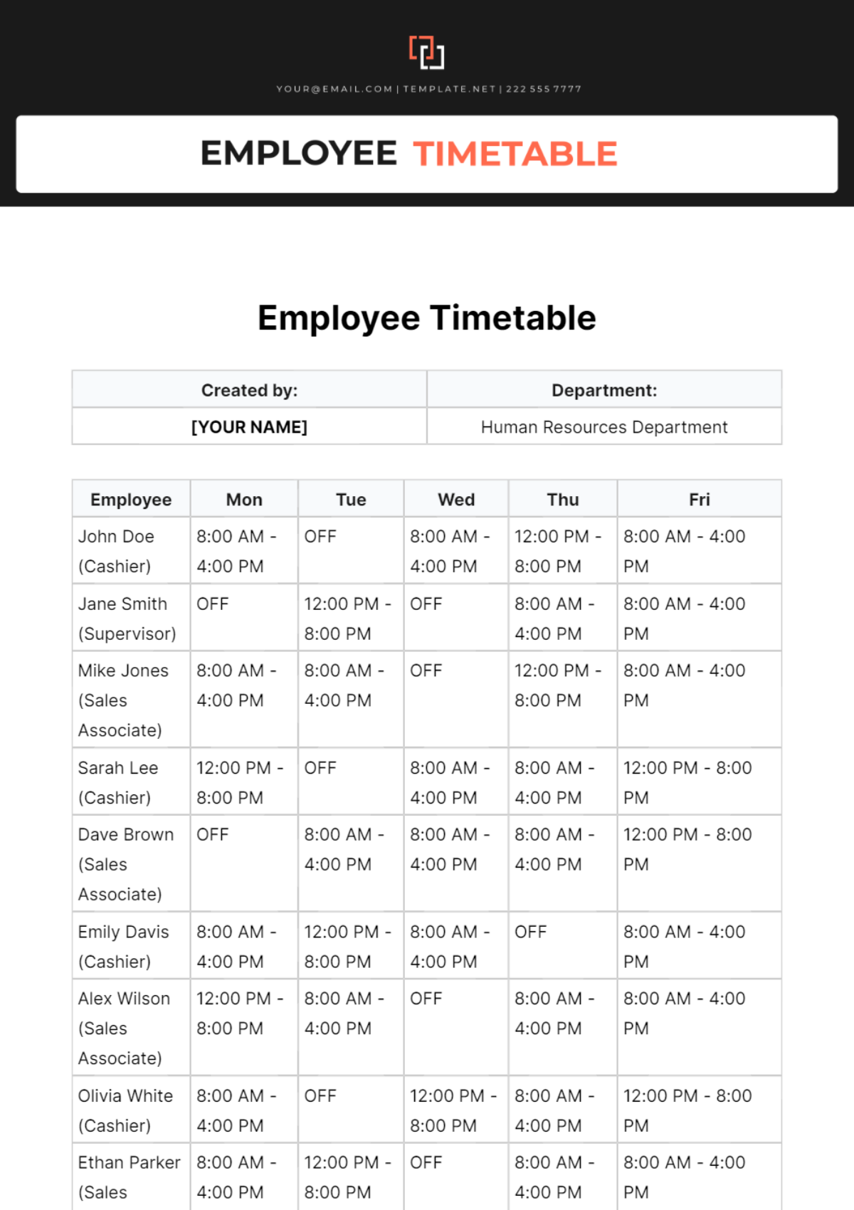 Free Employee Timetable Template