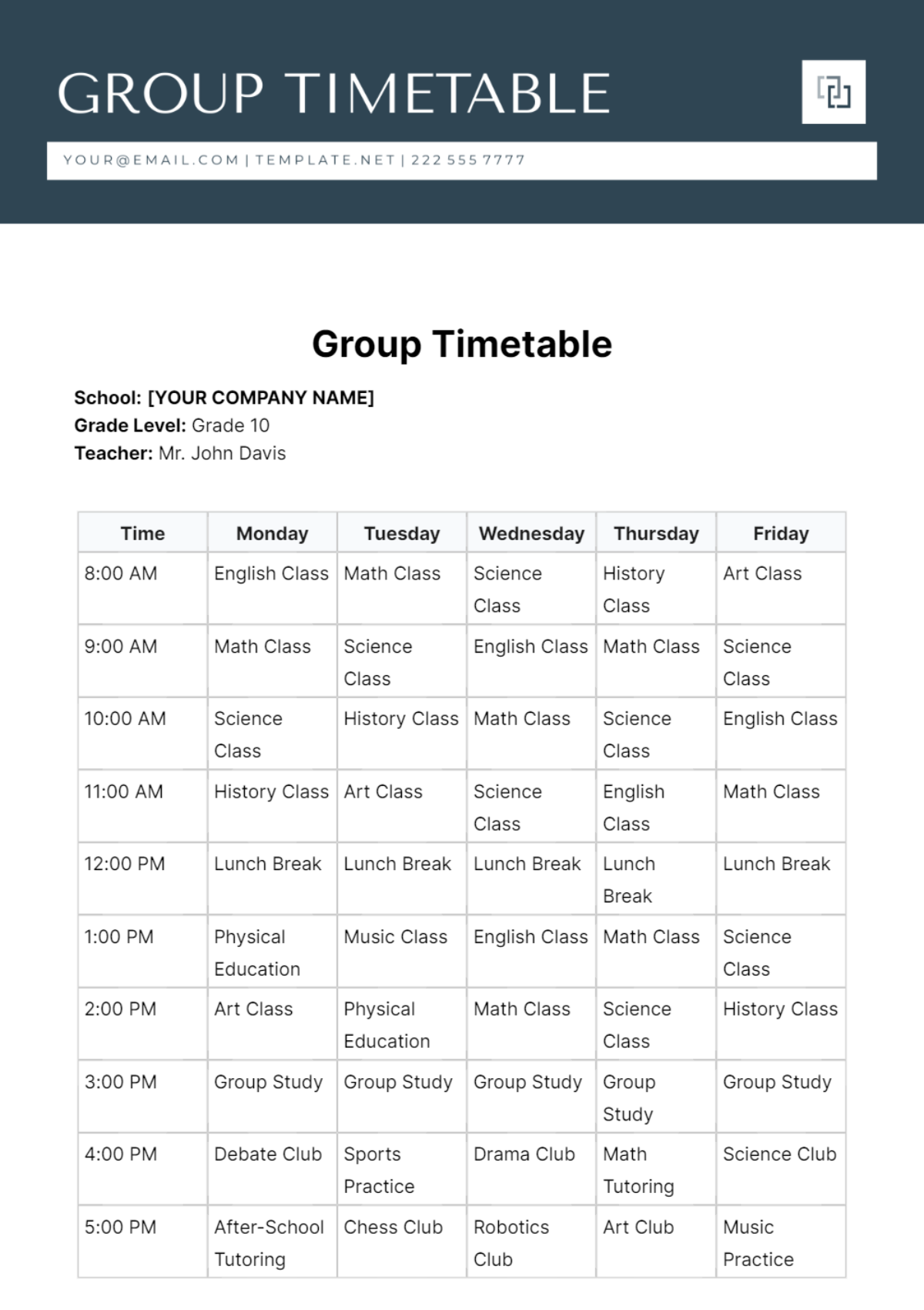 Group Timetable Template
