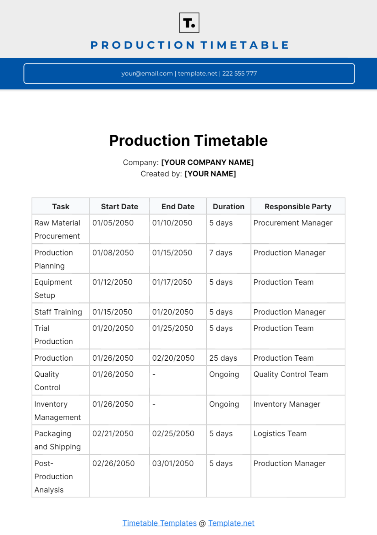 Free Production Timetable Template