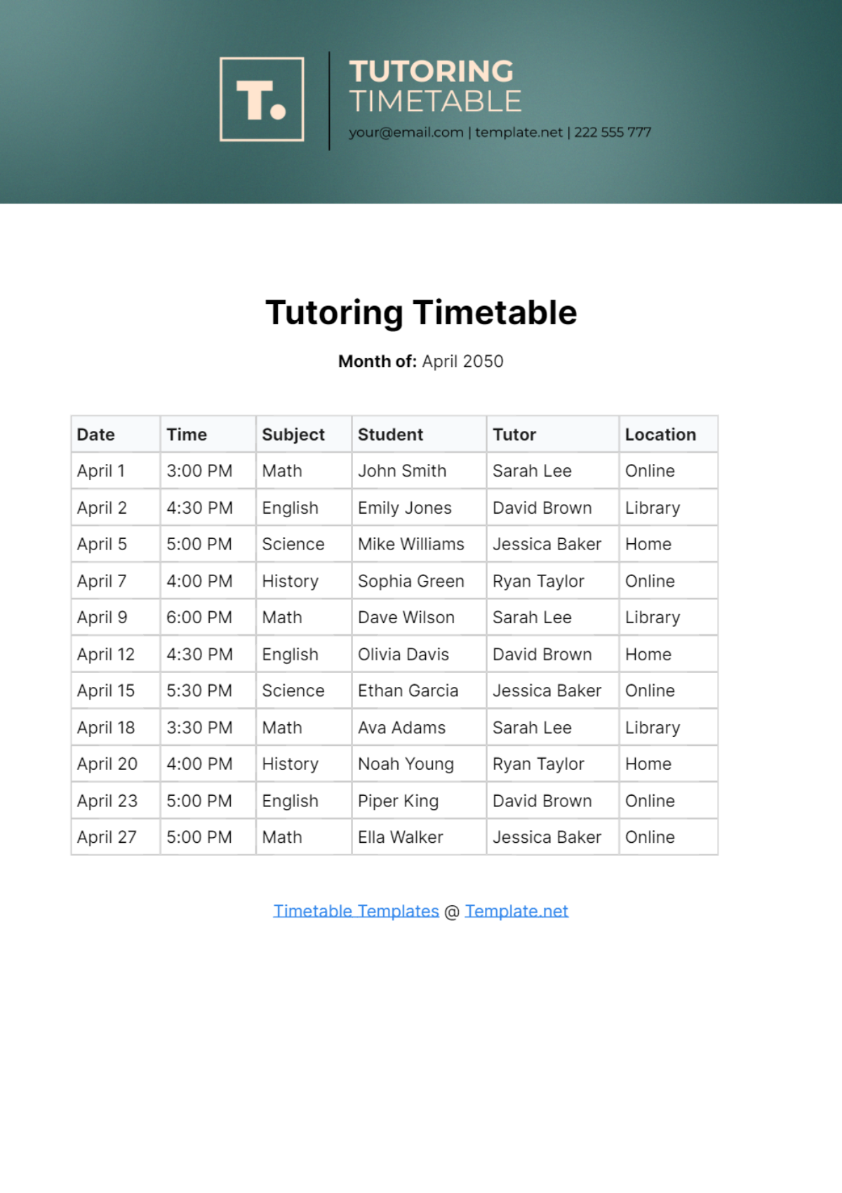 Free Tutoring Timetable Template
