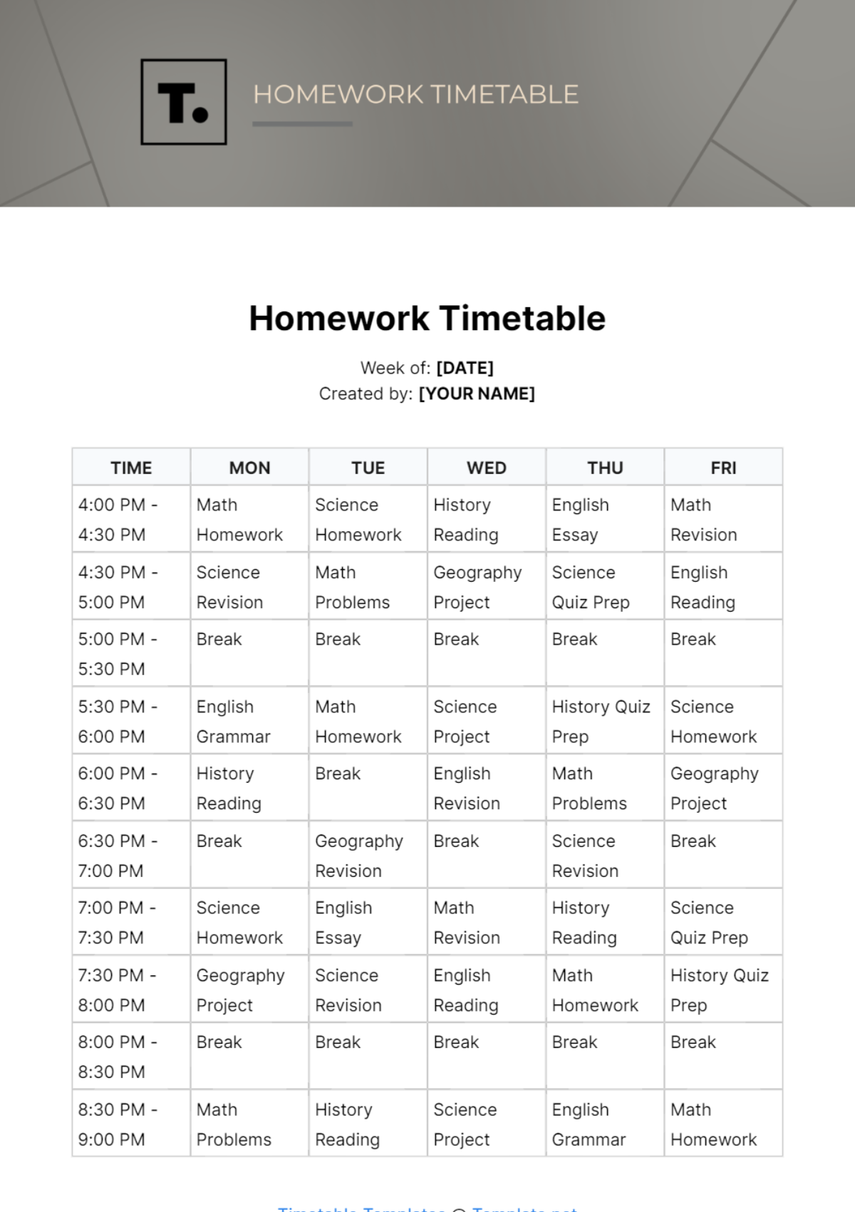 Free Homework Timetable Template