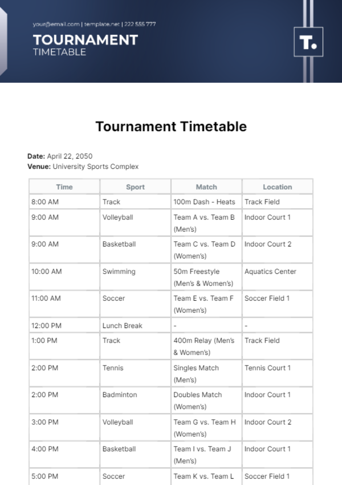 Free Tournament Timetable Template