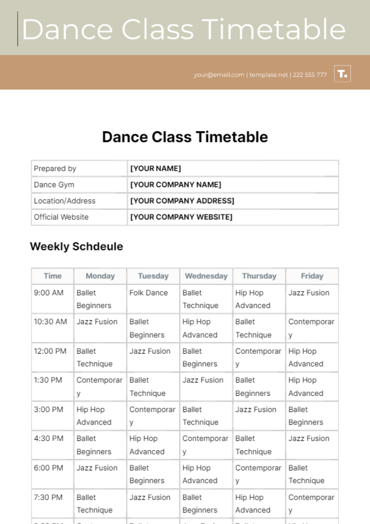 Free Dance Class Timetable Template