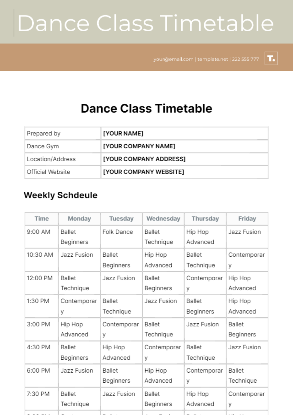 Dance Class Timetable Template - Edit Online & Download