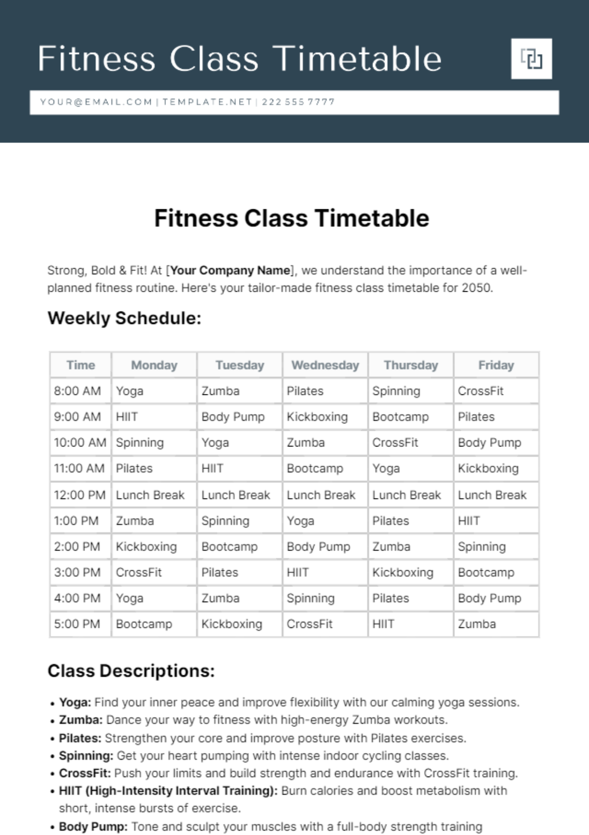 Fitness Class Timetable Template 