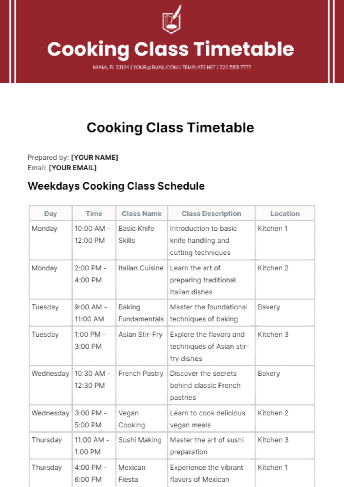 Cooking Class Timetable Template 
