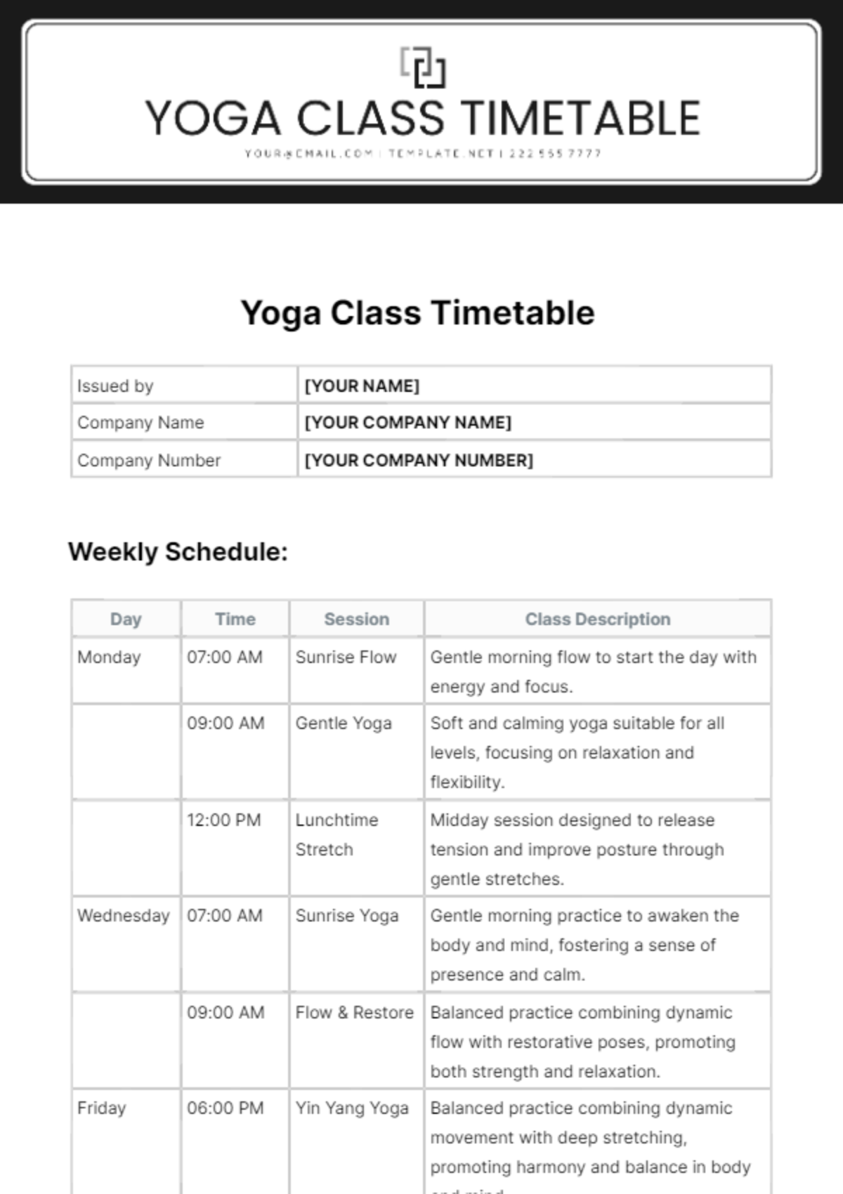 Free Yoga Class Timetable Template