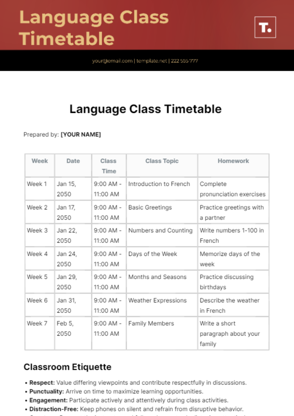 Free Language Class Timetable Template 